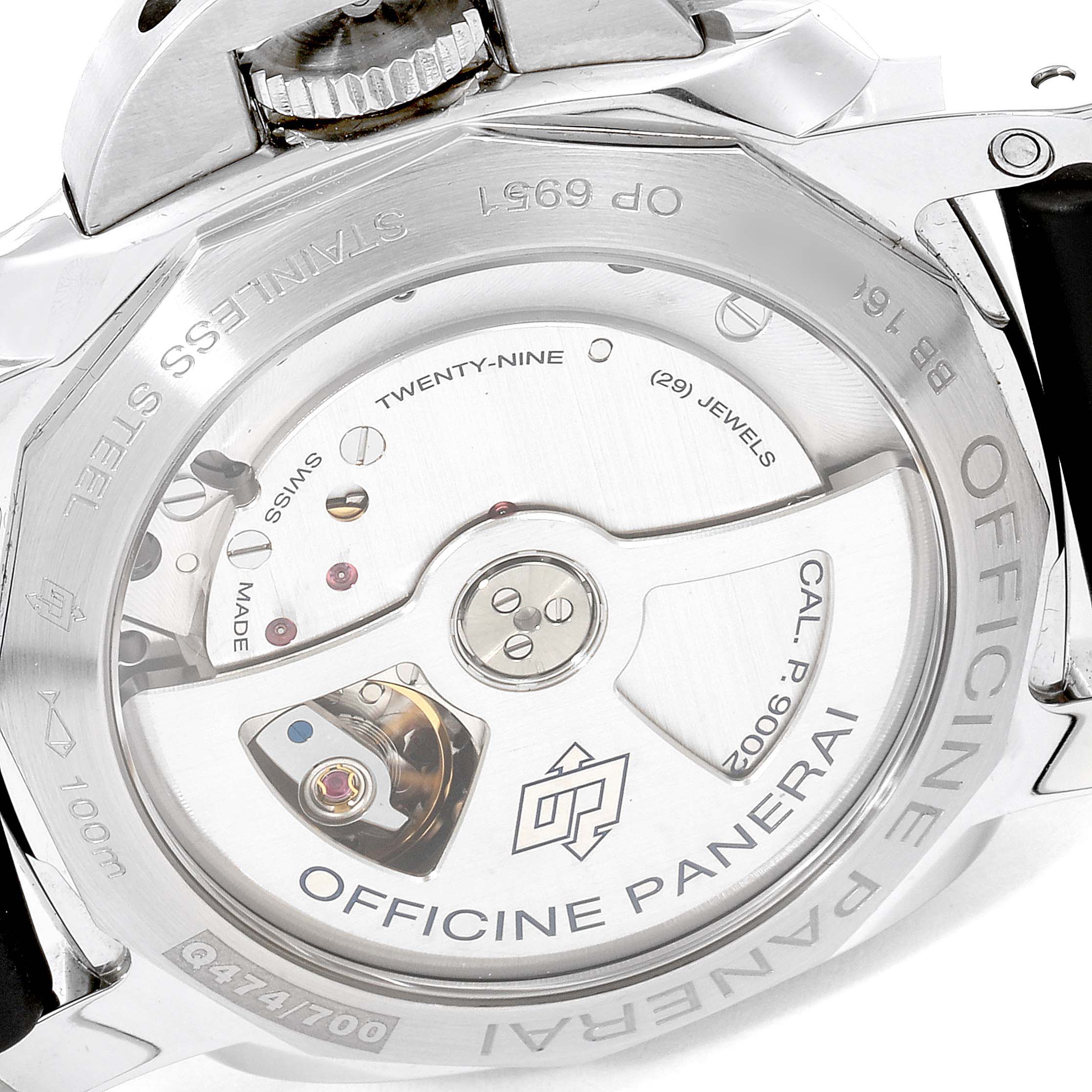 This image shows the back view of the Panerai Luminor PAM00537 Men
s Stainless Steel Black Dial PAM00537 Men
s Stainless Steel Black Dial watch, revealing its internal movement and the engraved brand name.