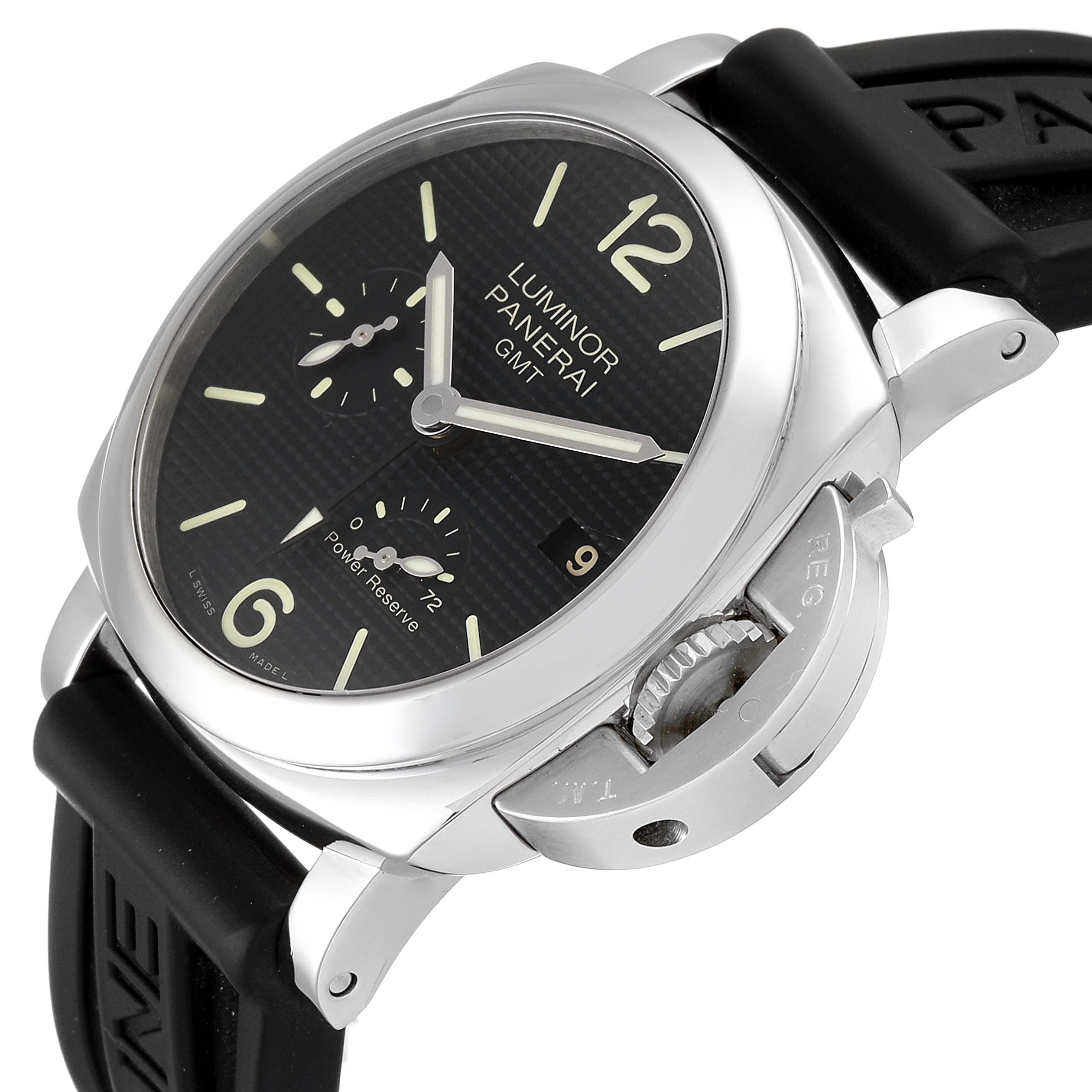 The image shows a Panerai Luminor PAM00537 Men
s Stainless Steel Black Dial PAM00537 Men
s Stainless Steel Black Dial GMT watch at an angled close-up, highlighting the dial, crown guard, and rubber strap.