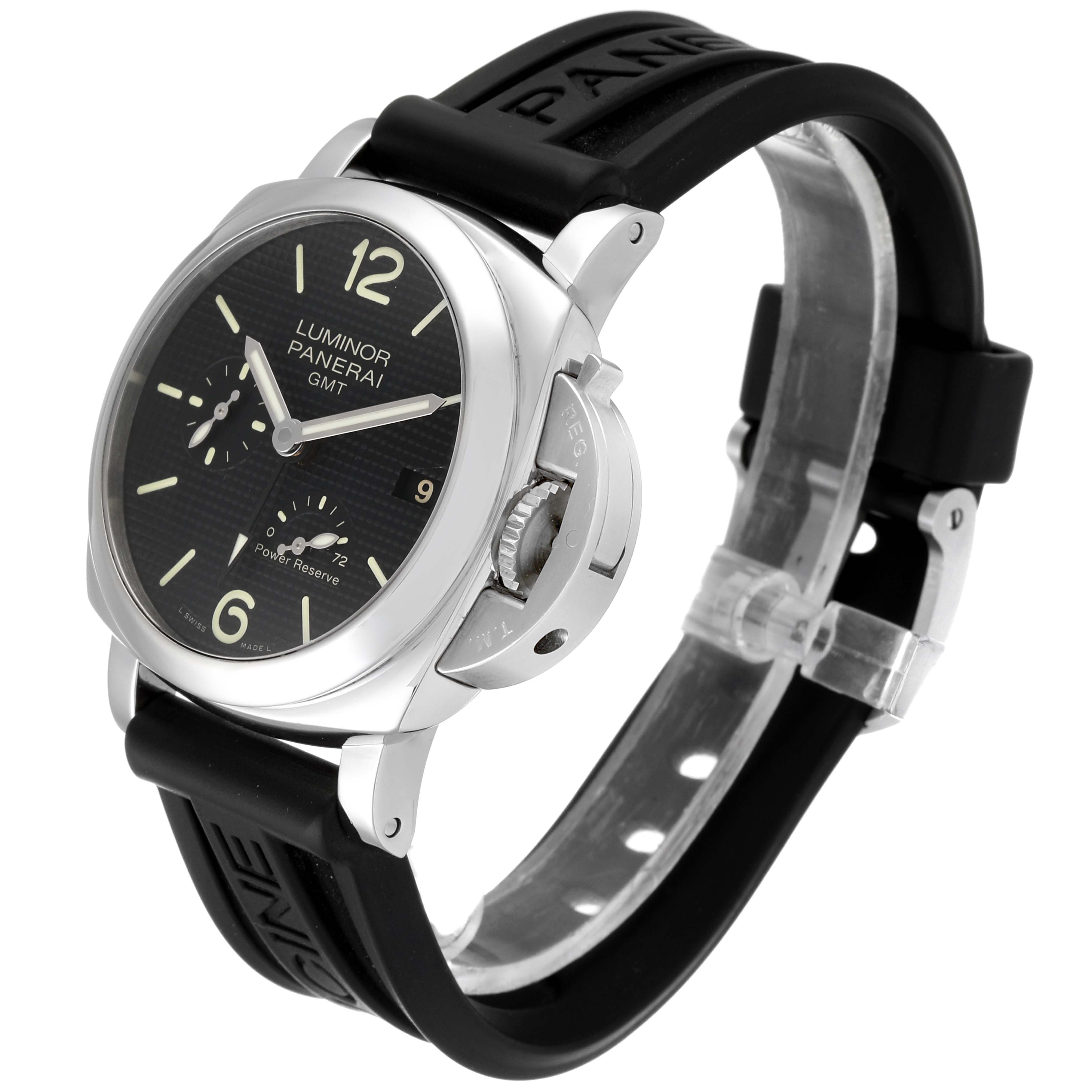 This image shows a Panerai Luminor PAM00537 Men
s Stainless Steel Black Dial PAM00537 Men
s Stainless Steel Black Dial watch at a three-quarter angle, highlighting its dial, crown guard, and rubber strap.