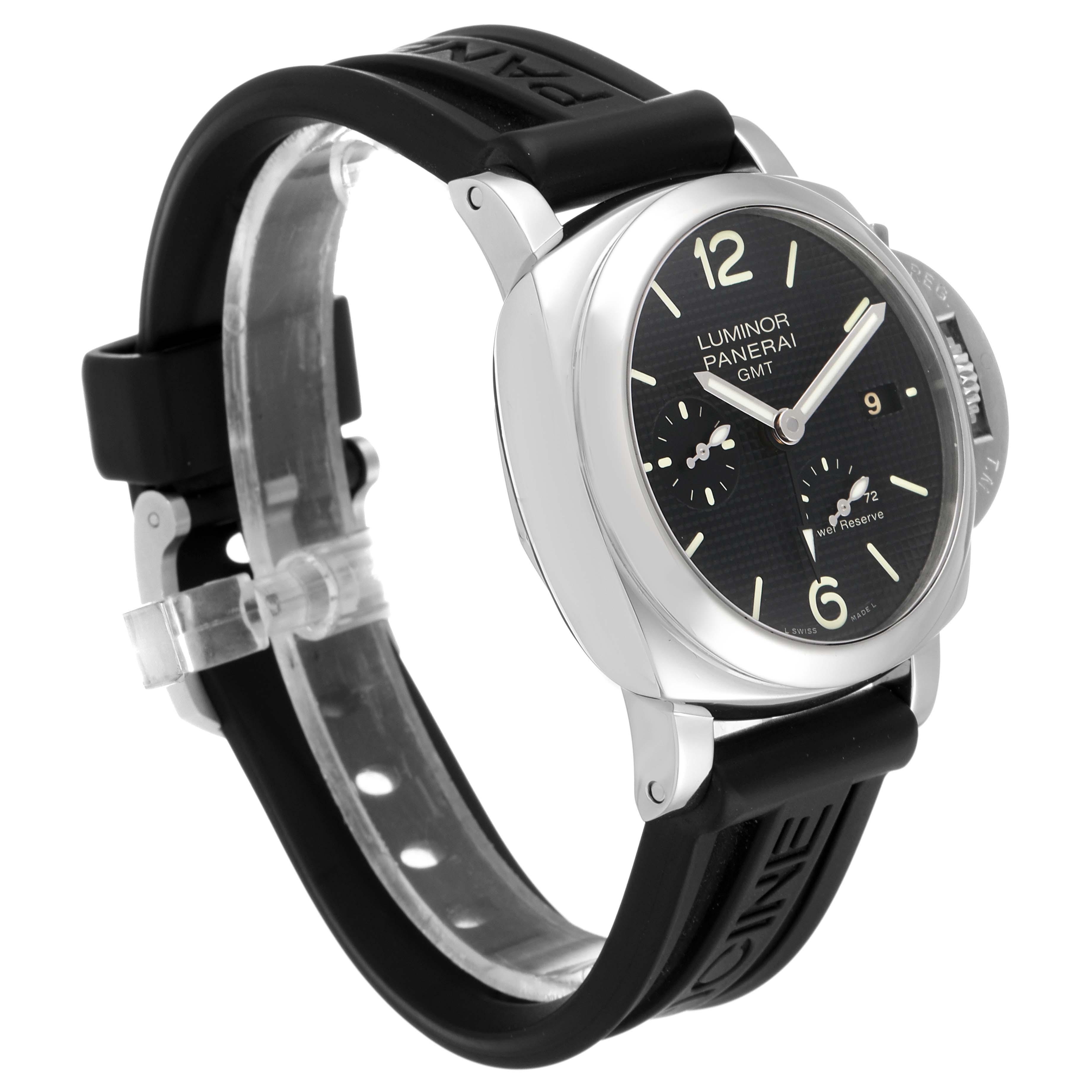 The image shows a side angle of a Panerai Luminor PAM00537 Men
s Stainless Steel Black Dial PAM00537 Men
s Stainless Steel Black Dial GMT watch, displaying the face, crown guard, and rubber strap.