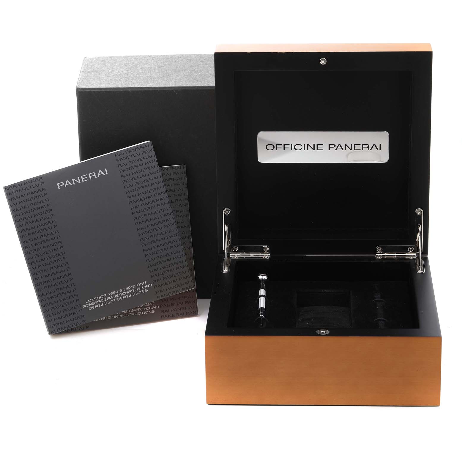 The image shows an open Panerai Luminor PAM00537 Men
s Stainless Steel Black Dial PAM00537 Men
s Stainless Steel Black Dial watch box set with its certificate and tool at a frontal angle.