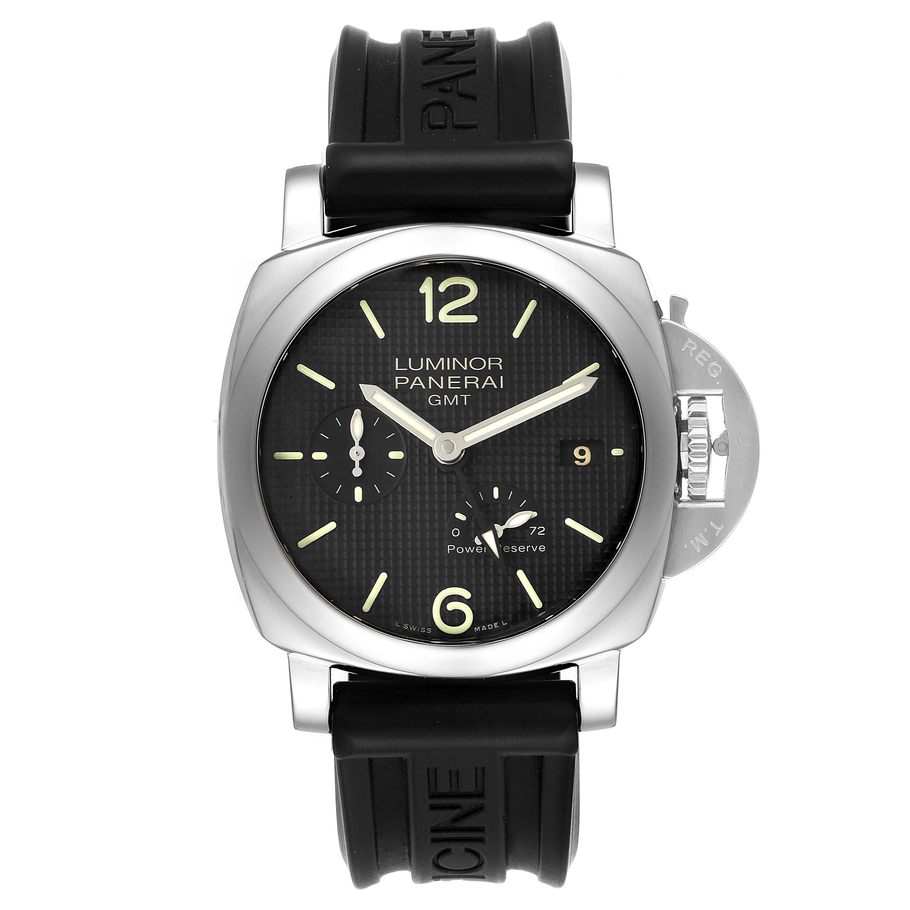 This image shows a frontal view of a Panerai Luminor PAM00537 Men
s Stainless Steel Black Dial PAM00537 Men
s Stainless Steel Black Dial watch with a black dial and rubber strap.
