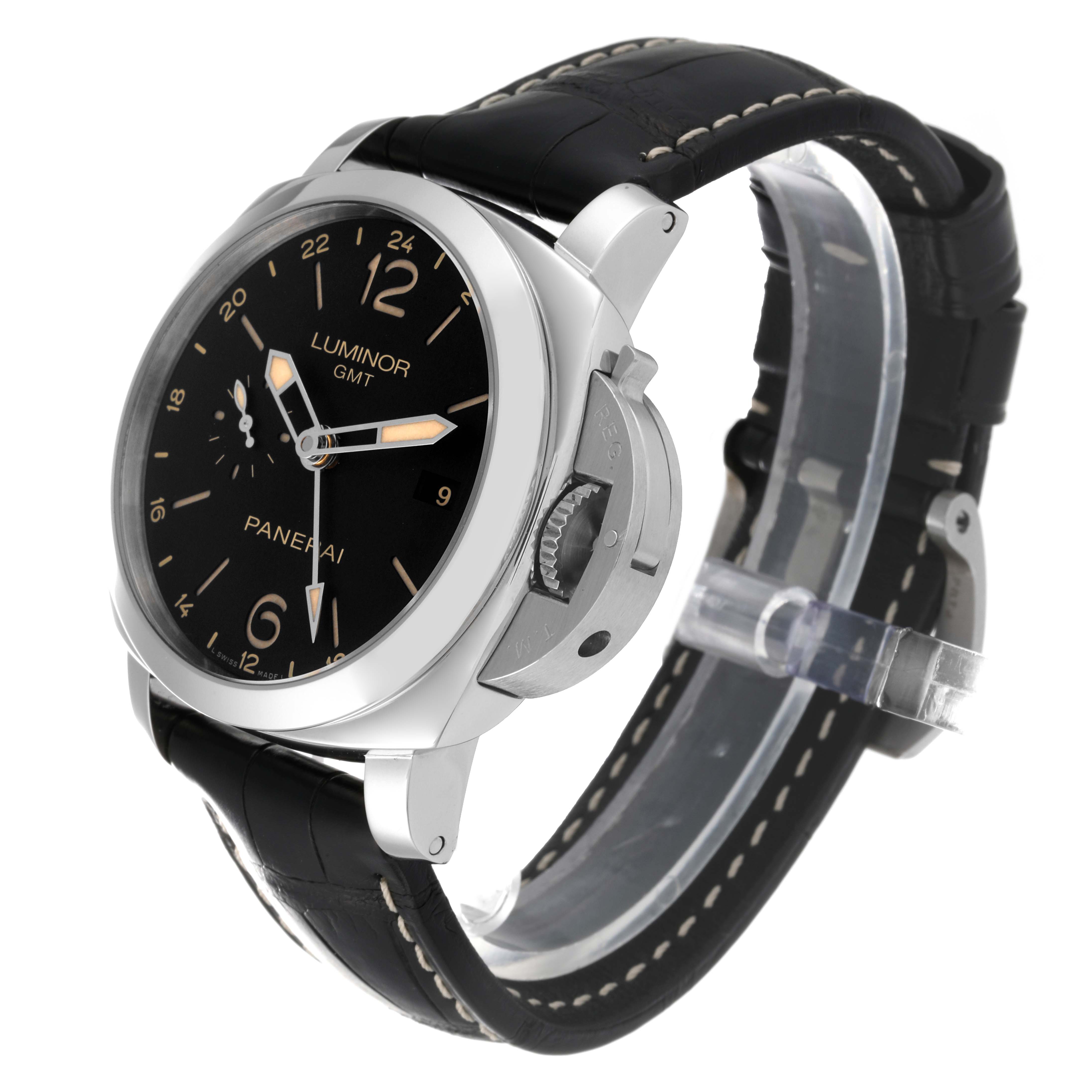 The image shows a Panerai Luminor PAM00531 Men's Stainless Steel Black Dial PAM00531 Men's Stainless Steel Black Dial GMT watch at a three-quarter angle, highlighting the case, dial, crown guard, and leather strap.