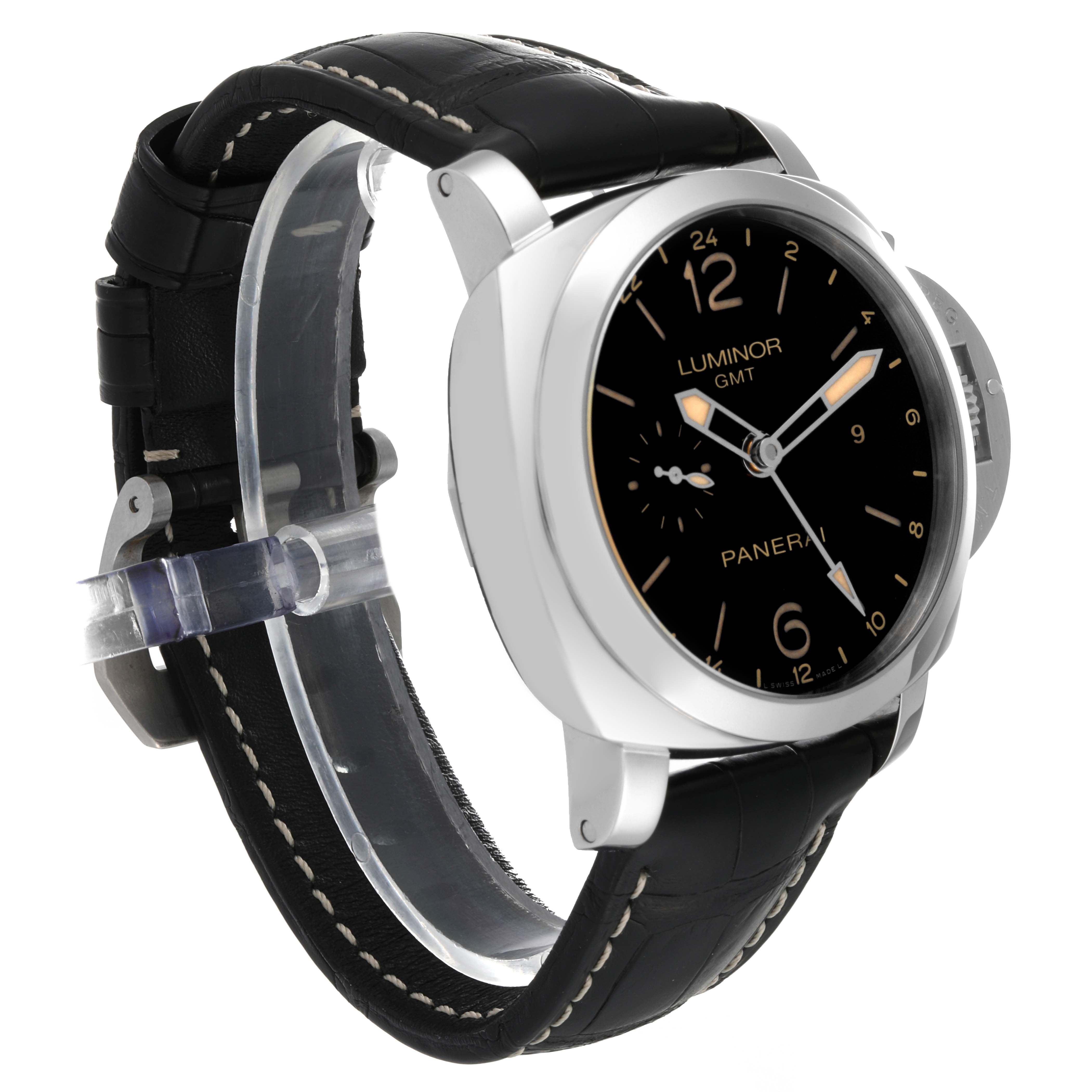 The image shows a Panerai Luminor PAM00531 Men's Stainless Steel Black Dial PAM00531 Men's Stainless Steel Black Dial GMT watch at a slight angle highlighting the watch face, strap, and side parts.