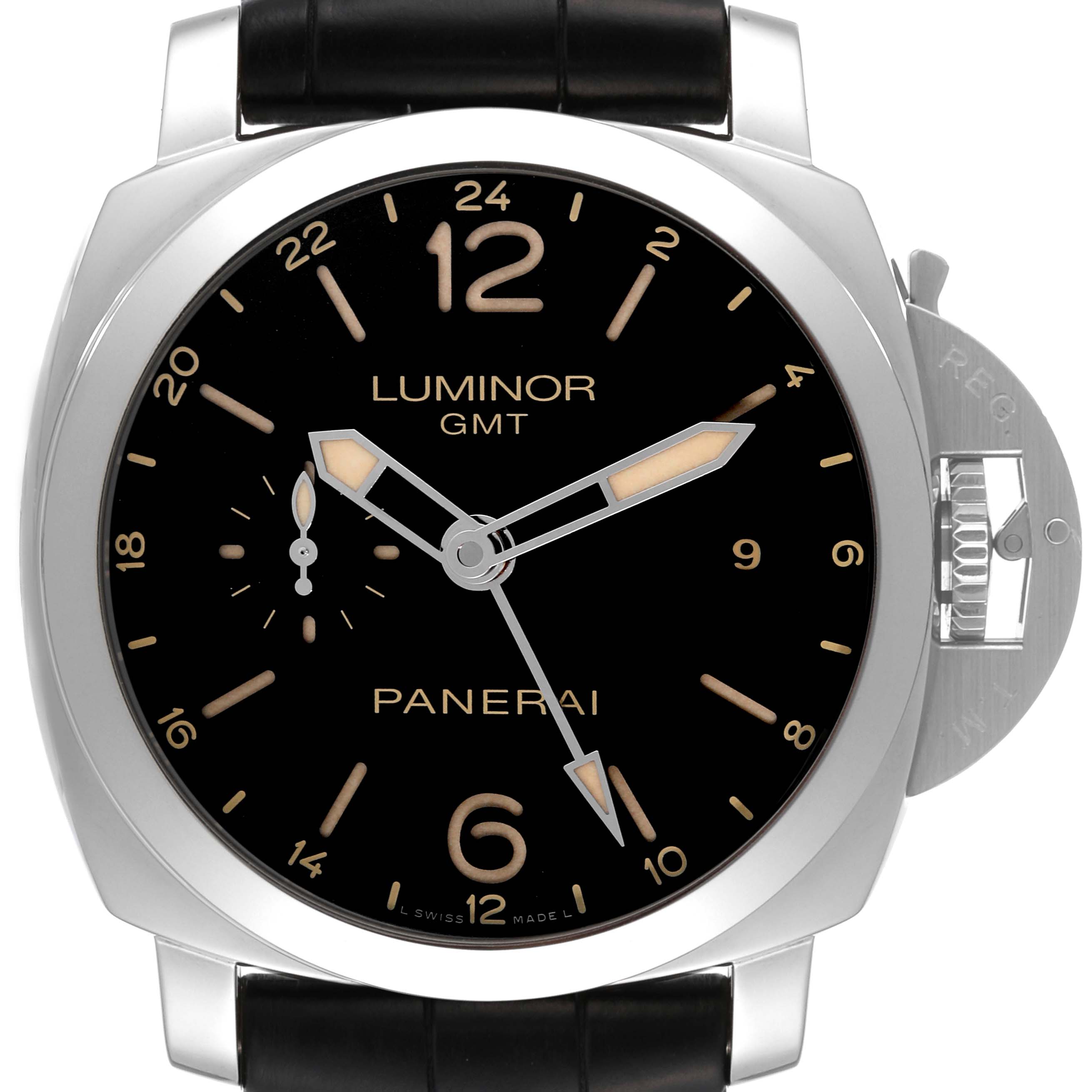 This image shows a front view of the Panerai Luminor PAM00531 Men's Stainless Steel Black Dial PAM00531 Men's Stainless Steel Black Dial GMT watch, highlighting the dial, hands, and crown guard.