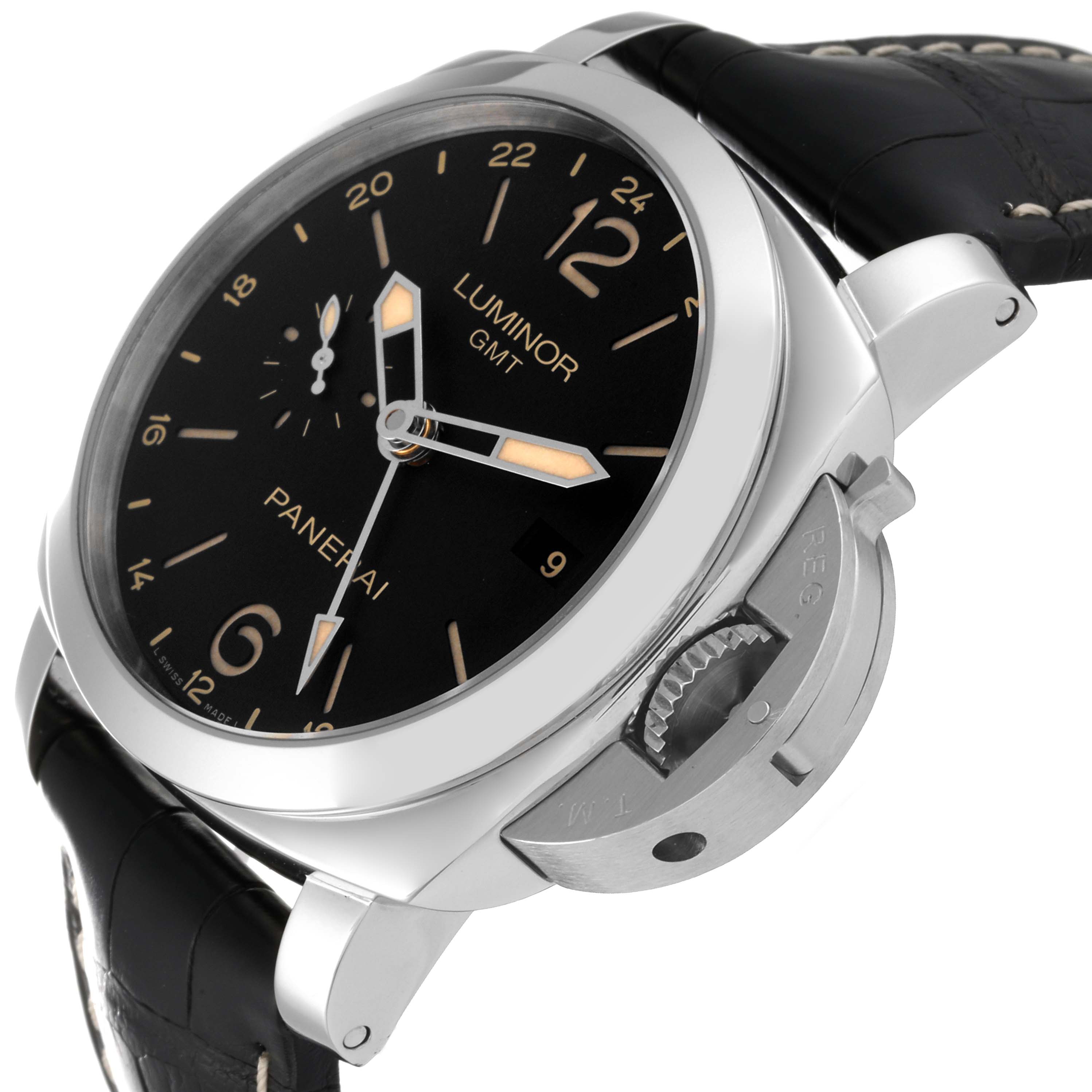 This Panerai Luminor PAM00531 Men's Stainless Steel Black Dial PAM00531 Men's Stainless Steel Black Dial GMT watch is shown at an angle displaying the black dial, crown guard, and black leather strap.