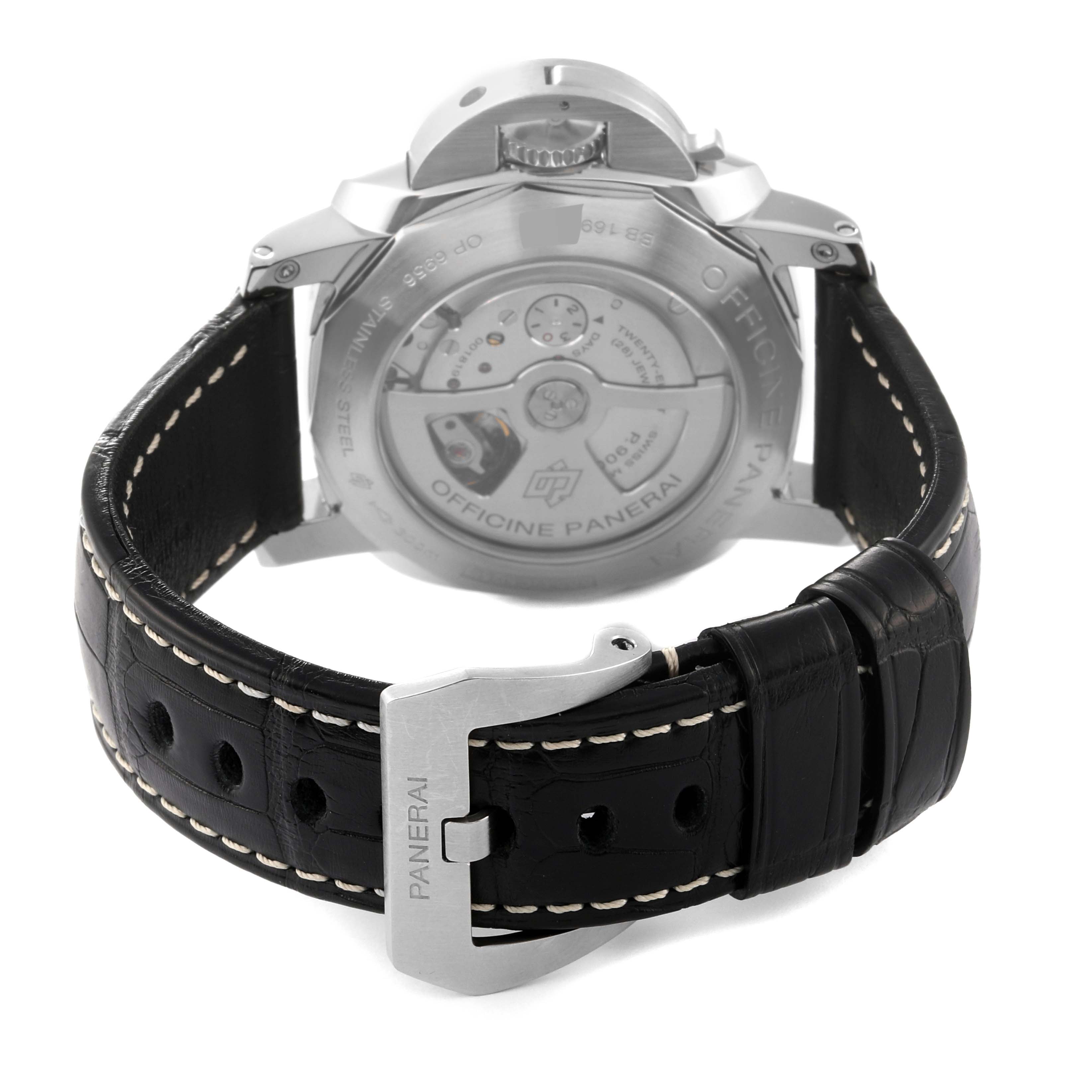 The image shows the back view of a Panerai Luminor PAM00531 Men's Stainless Steel Black Dial PAM00531 Men's Stainless Steel Black Dial watch, including the leather strap and stainless steel buckle.