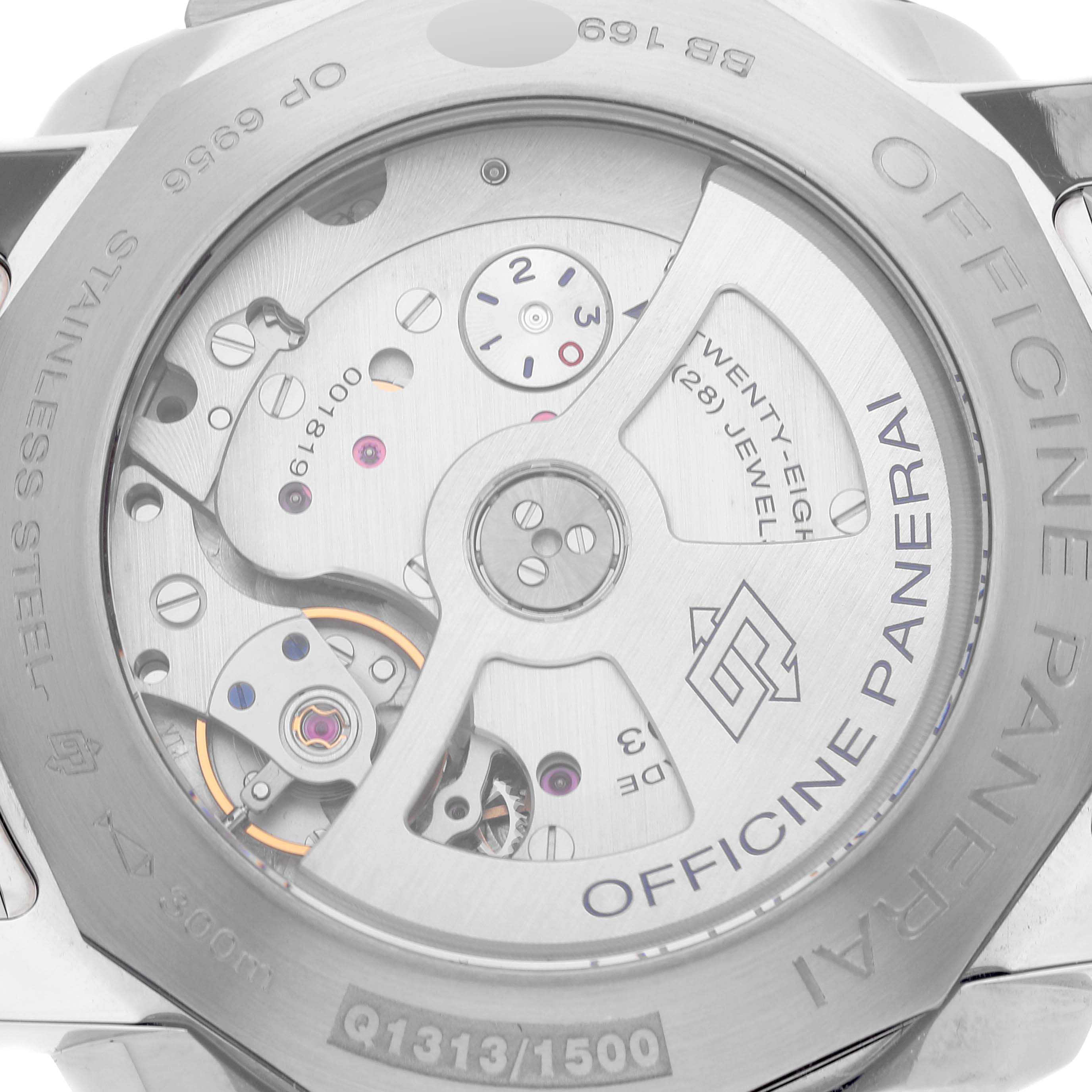 The image shows the back view of the Panerai Luminor PAM00531 Men's Stainless Steel Black Dial PAM00531 Men's Stainless Steel Black Dial watch, highlighting its inner mechanical components and engravings.