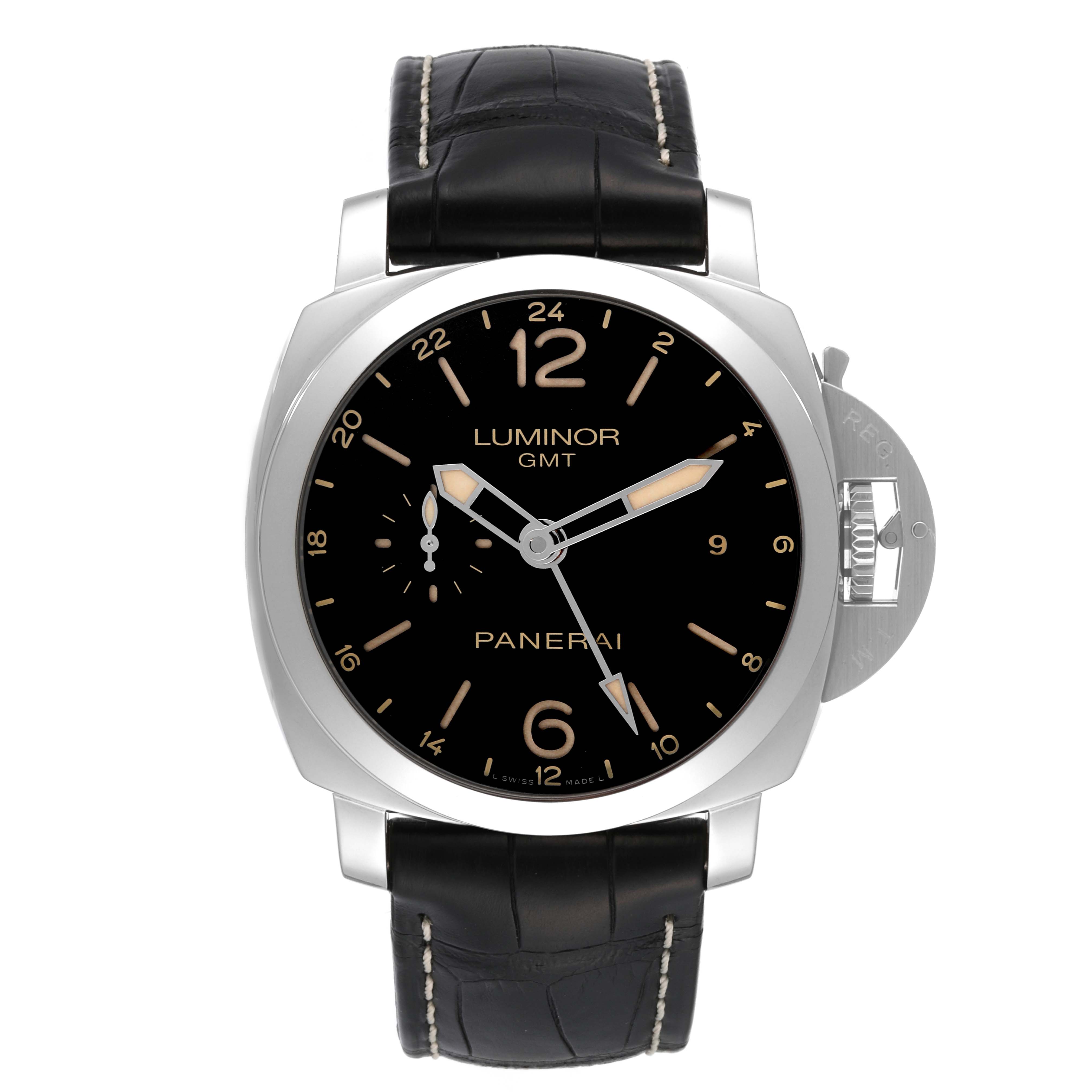This image shows a front view of the Panerai Luminor PAM00531 Men's Stainless Steel Black Dial PAM00531 Men's Stainless Steel Black Dial GMT watch with a black dial and black leather strap.