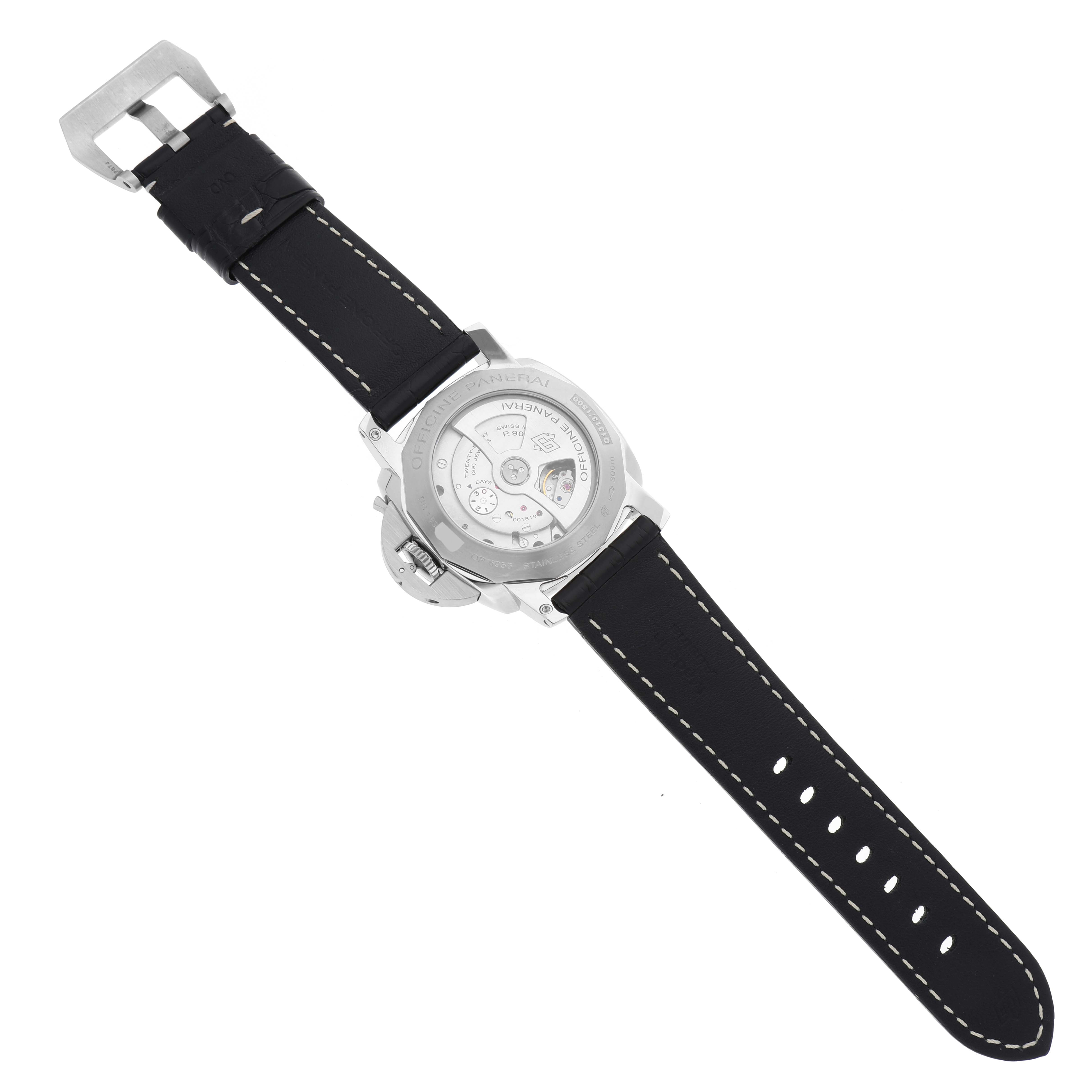 This image shows the back view of a Panerai Luminor PAM00531 Men's Stainless Steel Black Dial PAM00531 Men's Stainless Steel Black Dial watch, displaying its movement and black leather strap.