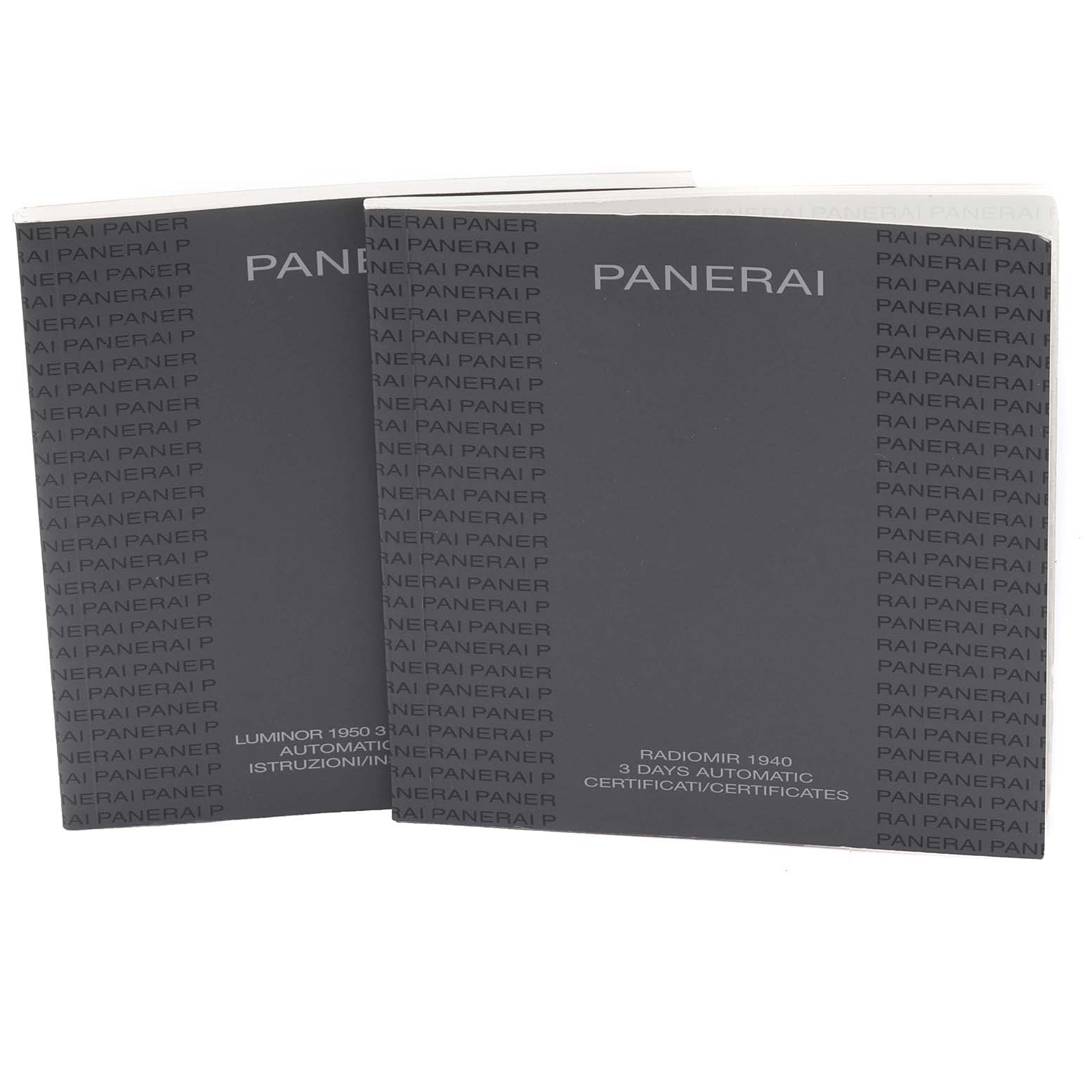 The image shows two Panerai booklets with instructions and certificates for the Luminor 1950 Automatic model, alongside another model.