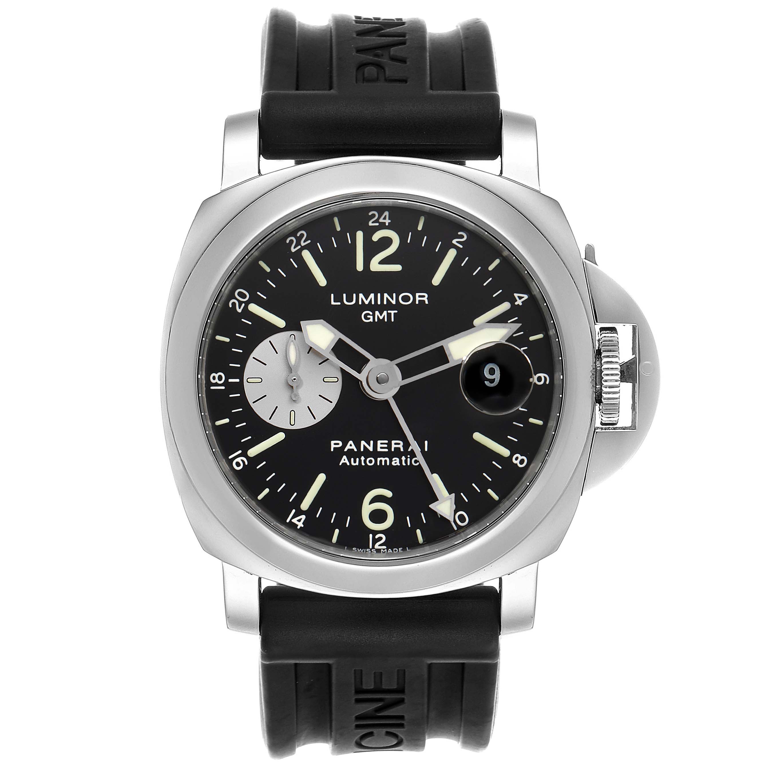The Panerai Luminor PAM00088 Men
s Stainless Steel Black Dial PAM00088 Men
s Stainless Steel Black Dial GMT watch is shown from a front-facing angle, displaying its dial, case, and rubber strap.