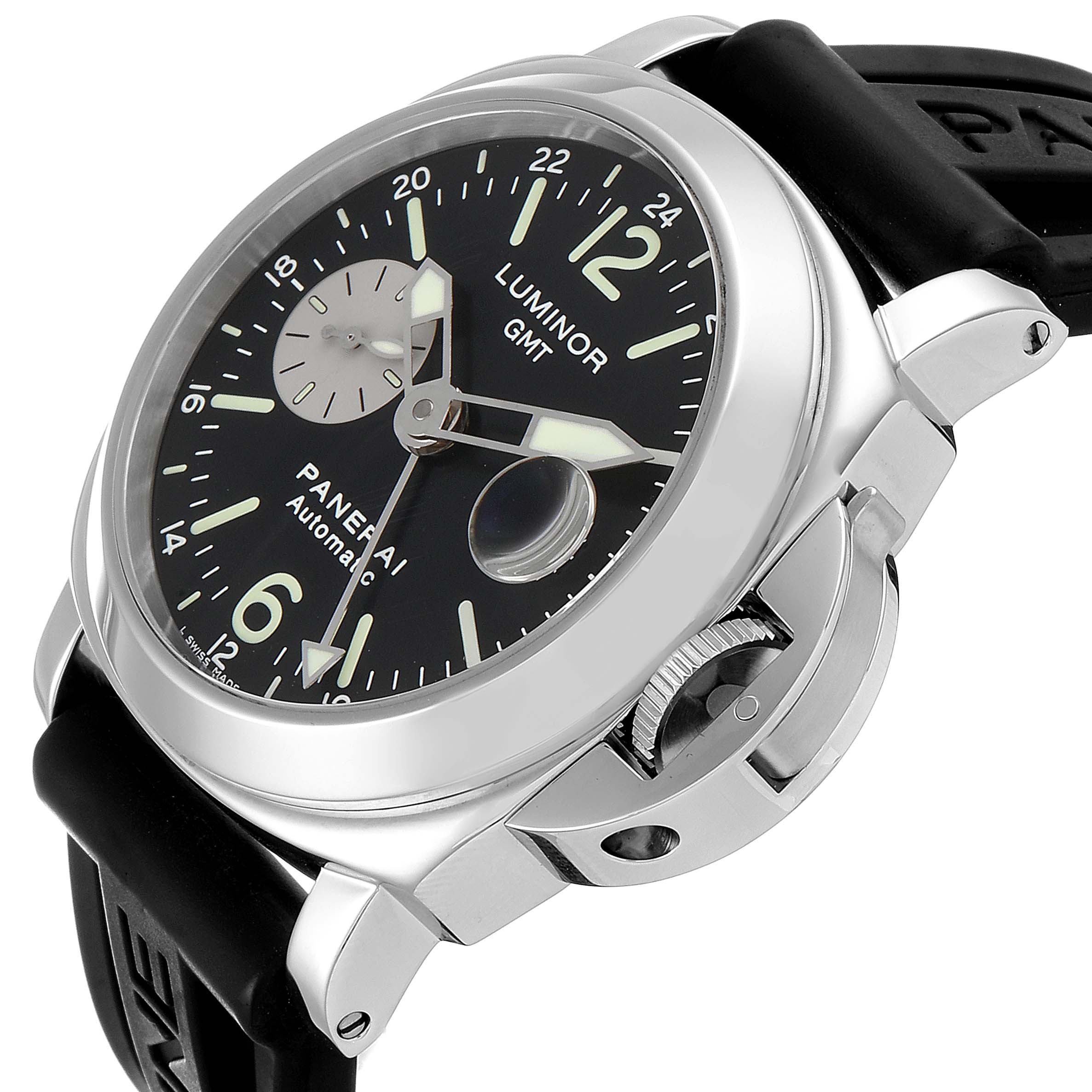 The image shows a Panerai Luminor PAM00088 Men
s Stainless Steel Black Dial PAM00088 Men
s Stainless Steel Black Dial GMT watch from an angled view, highlighting the dial, bezel, crown guard, and part of the strap.