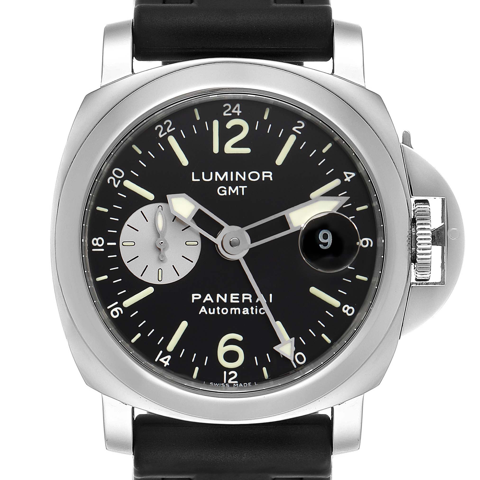 The image shows a front view of a Panerai Luminor PAM00088 Men
s Stainless Steel Black Dial PAM00088 Men
s Stainless Steel Black Dial GMT watch, displaying its face, bezel, and crown guard.
