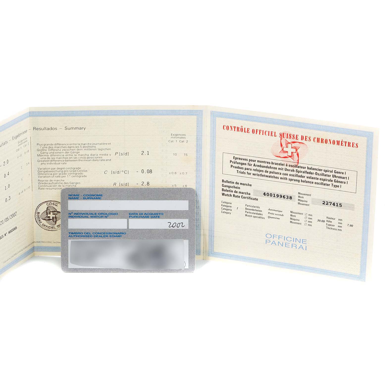 The image shows documents and a card related to the Luminor model by Panerai, including a certificate and warranty information.