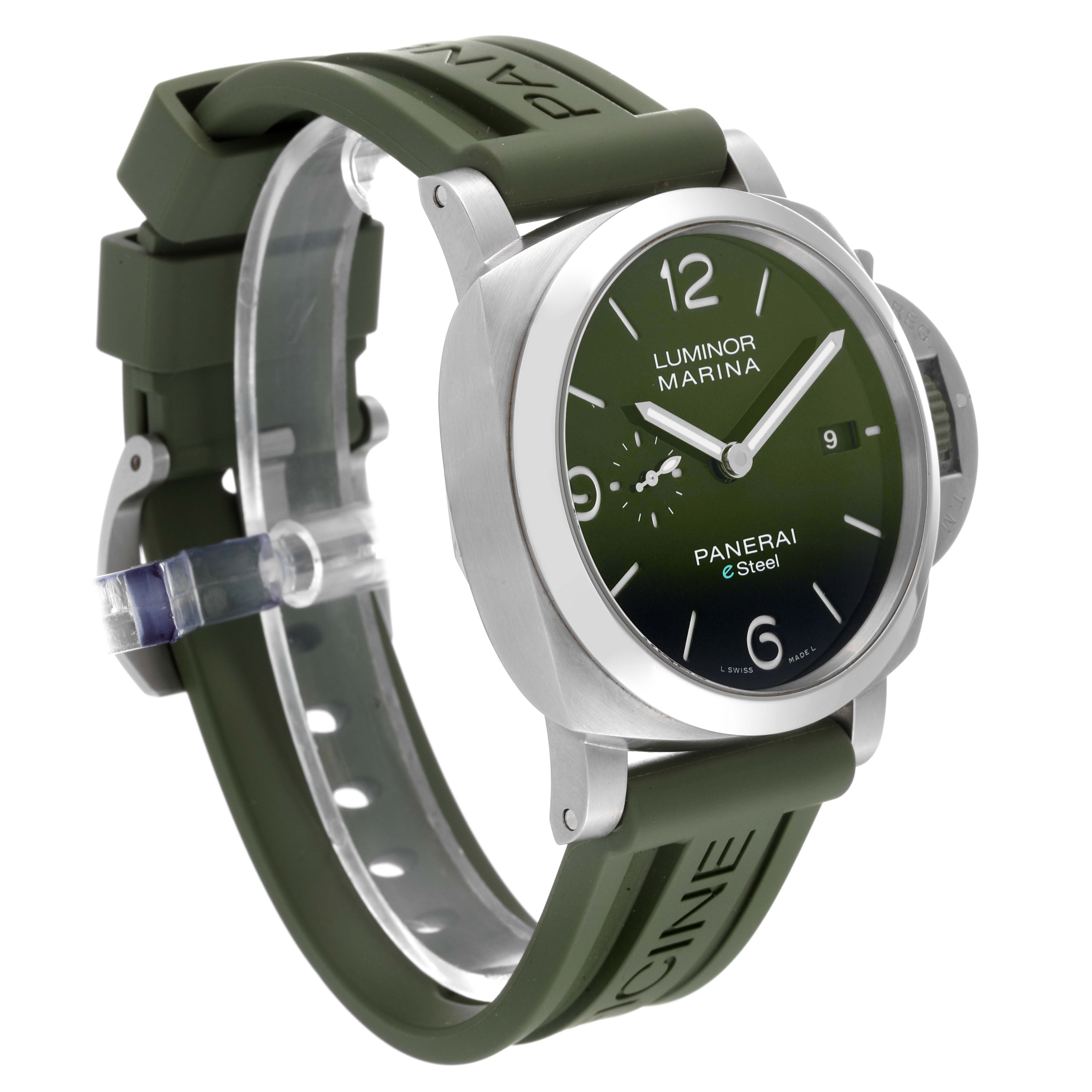 The image shows a Panerai Luminor PAM01356 Men
s Stainless Steel Green Dial PAM01356 Men
s Stainless Steel Green Dial Marina eSteel watch at a three-quarter angle, highlighting the face, strap, and side profile.