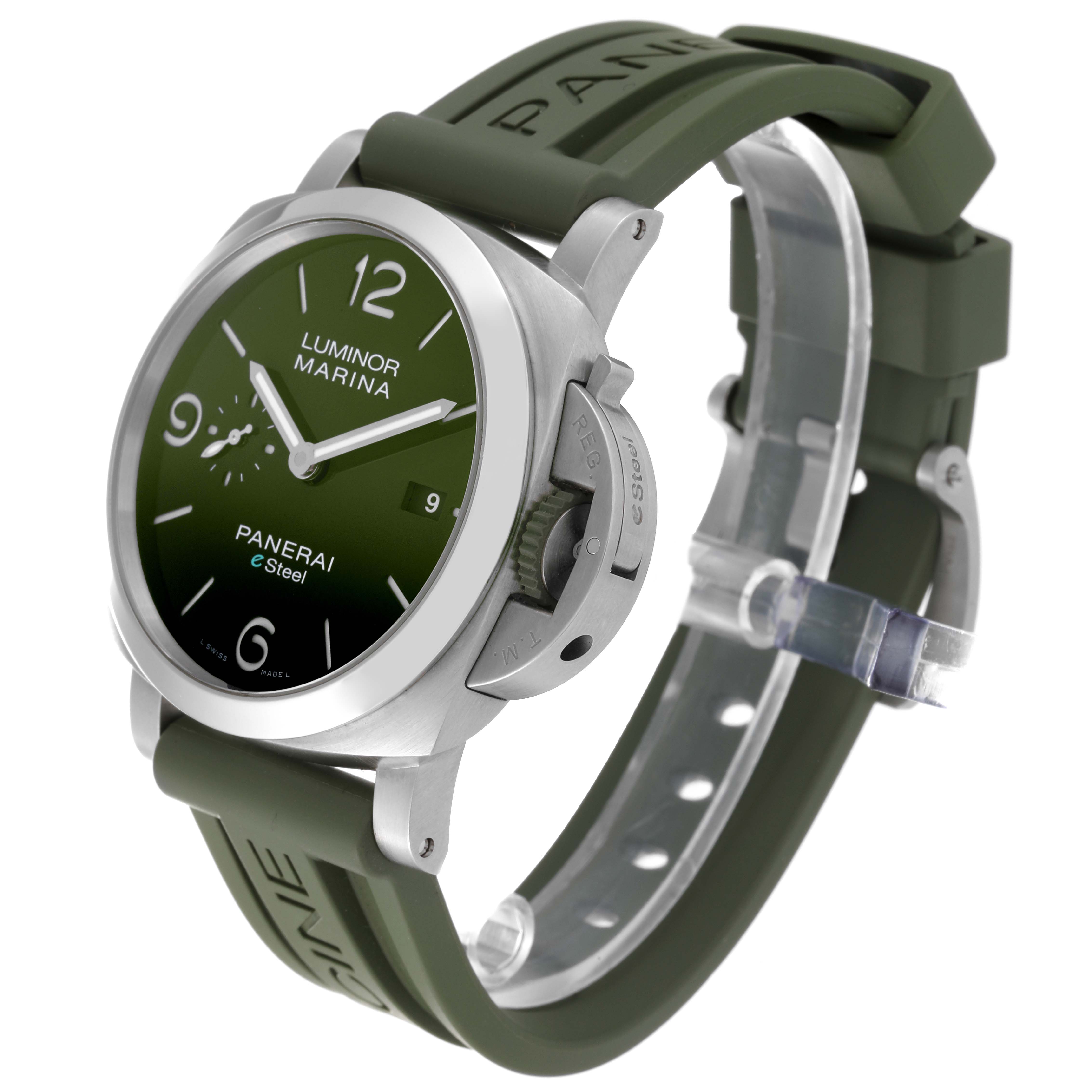 The image shows a Panerai Luminor PAM01356 Men
s Stainless Steel Green Dial PAM01356 Men
s Stainless Steel Green Dial Marina watch at an angle showcasing the watch face, crown guard, and green rubber strap.