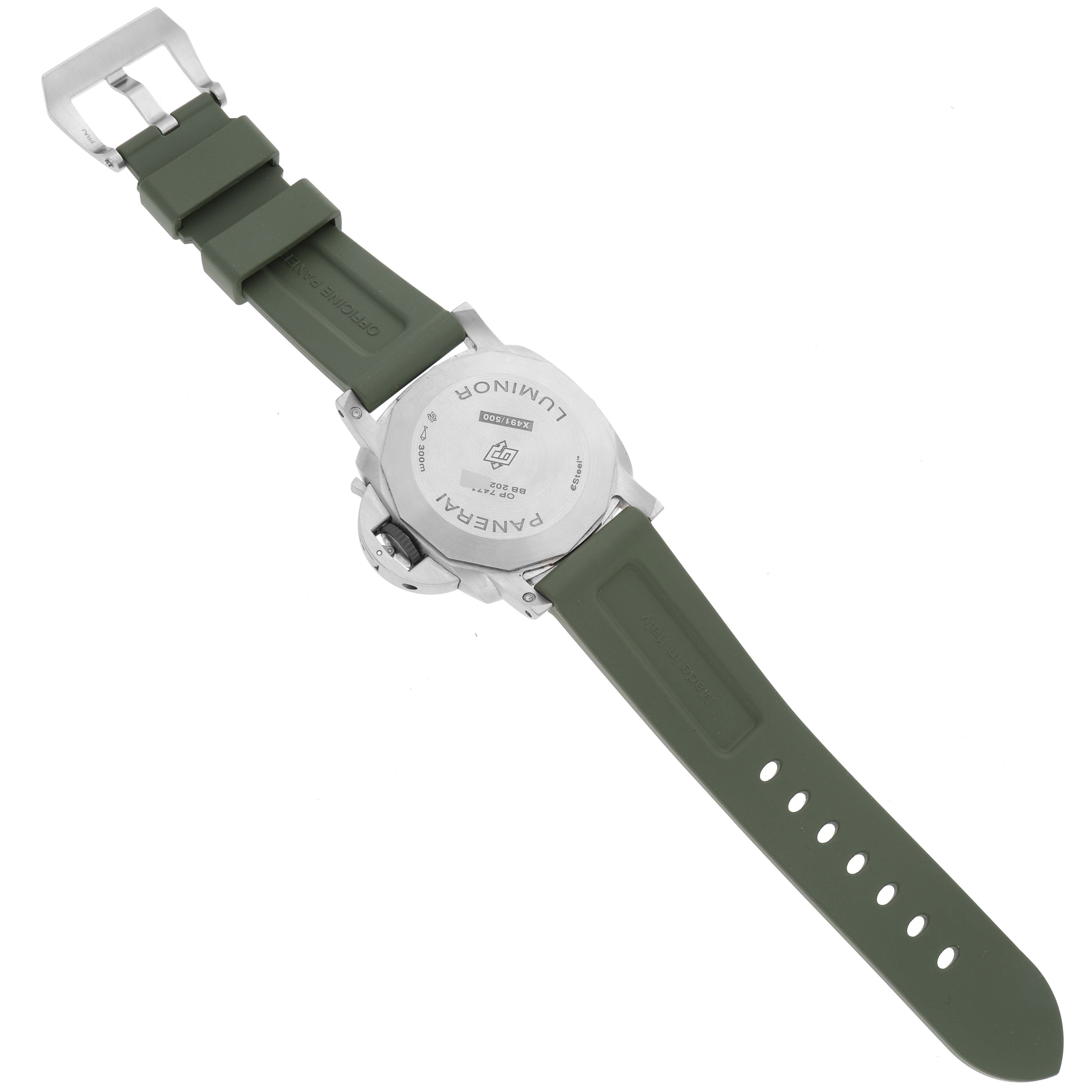 The image shows the back view of a Panerai Luminor PAM01356 Men
s Stainless Steel Green Dial PAM01356 Men
s Stainless Steel Green Dial watch with its green strap and buckle visible.