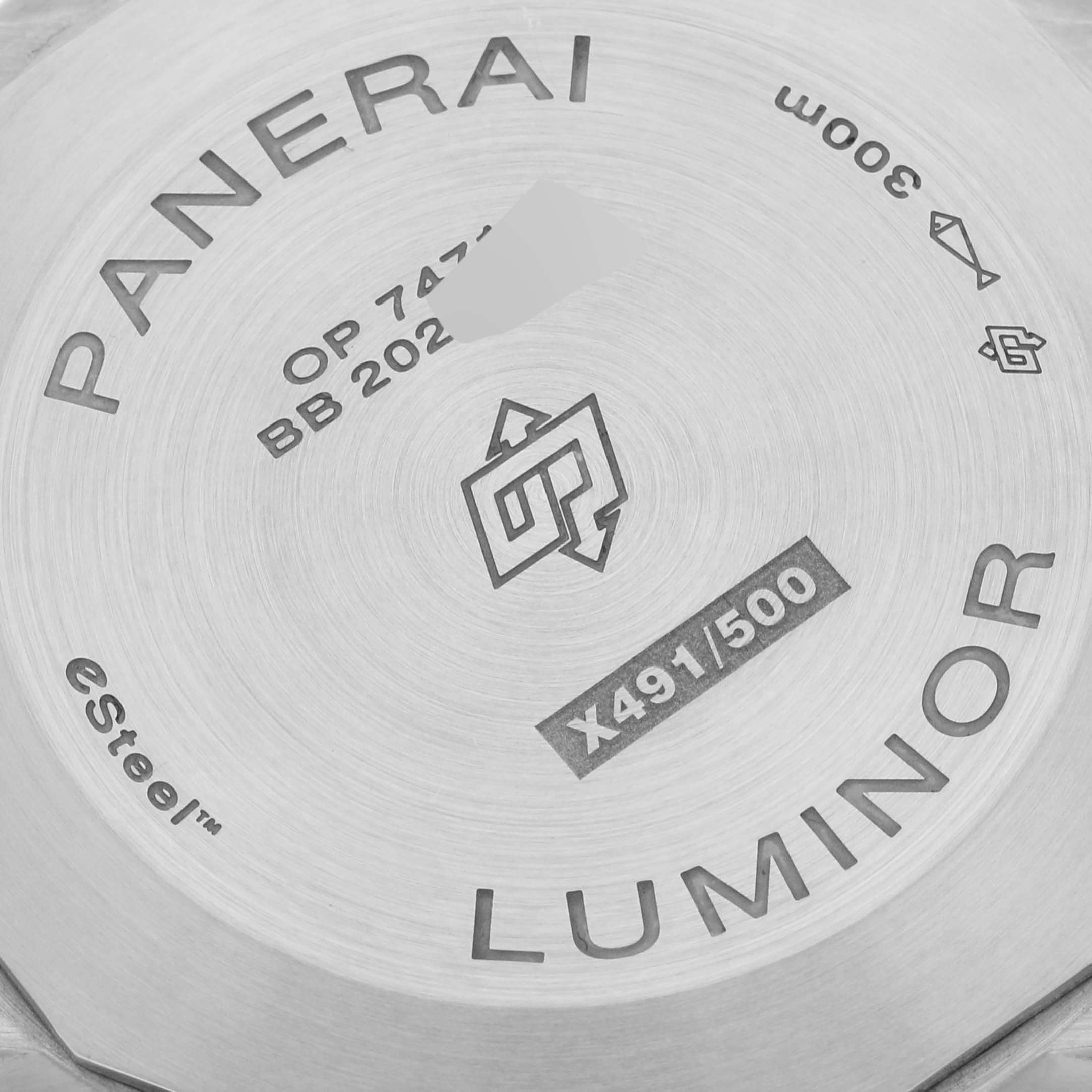 This is a close-up of the case back of a Panerai Luminor PAM01356 Men
s Stainless Steel Green Dial PAM01356 Men
s Stainless Steel Green Dial watch, showing brand markings and model information.