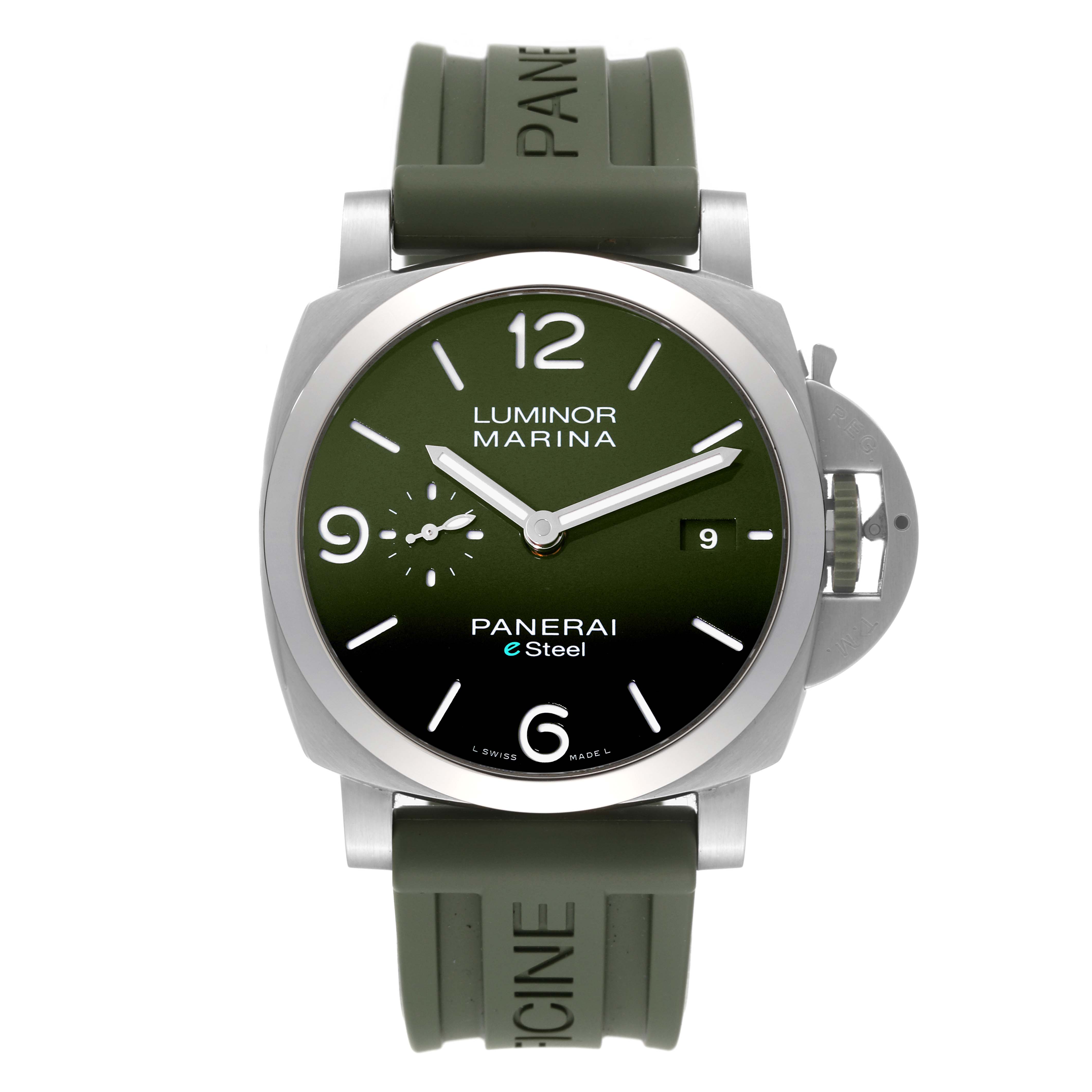 This image shows a front view of a Panerai Luminor PAM01356 Men
s Stainless Steel Green Dial PAM01356 Men
s Stainless Steel Green Dial watch, displaying its green dial, rubber strap, and crown guard.