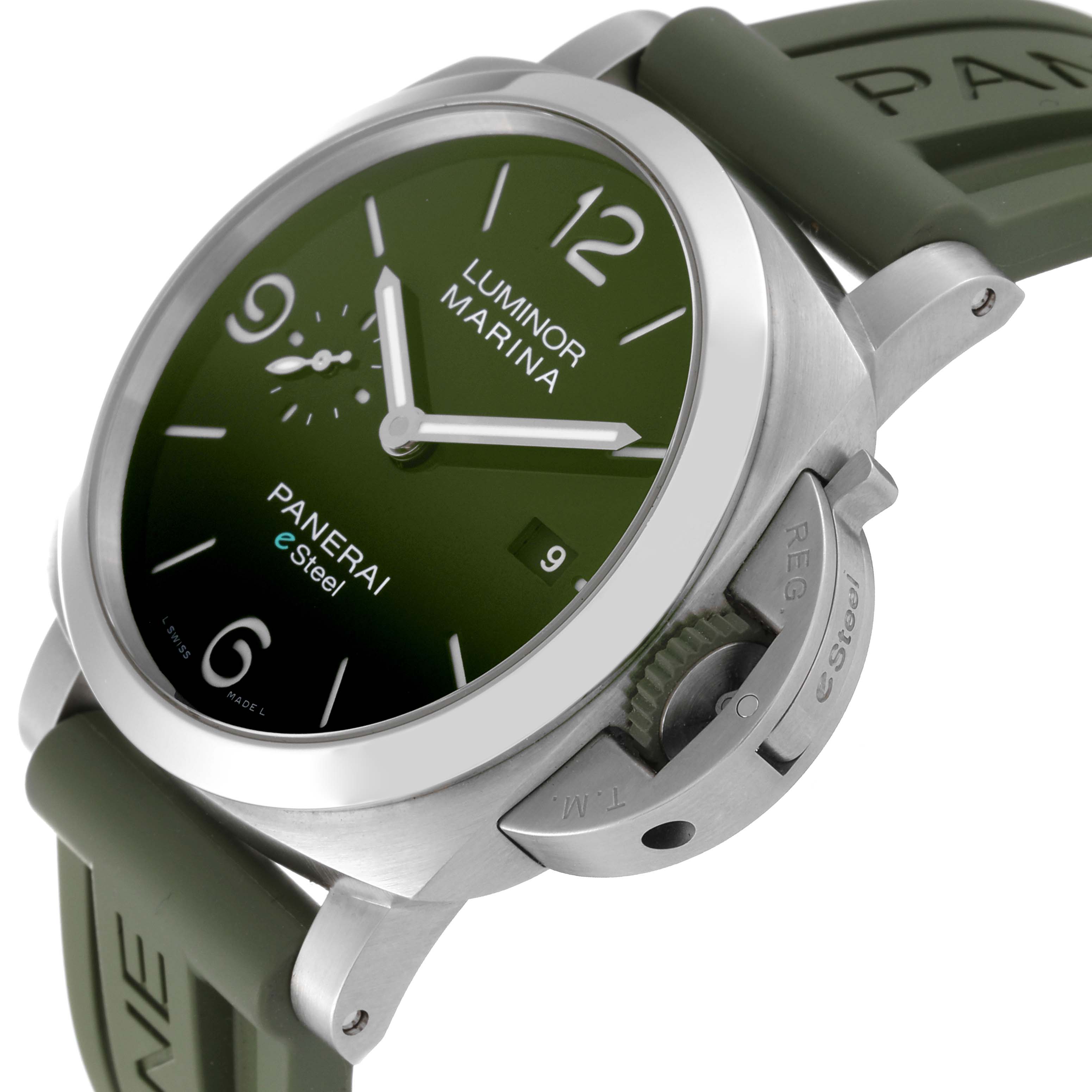 The image shows a Panerai Luminor PAM01356 Men
s Stainless Steel Green Dial PAM01356 Men
s Stainless Steel Green Dial model watch in a three-quarter side view, highlighting the dial, crown guard, and green strap.