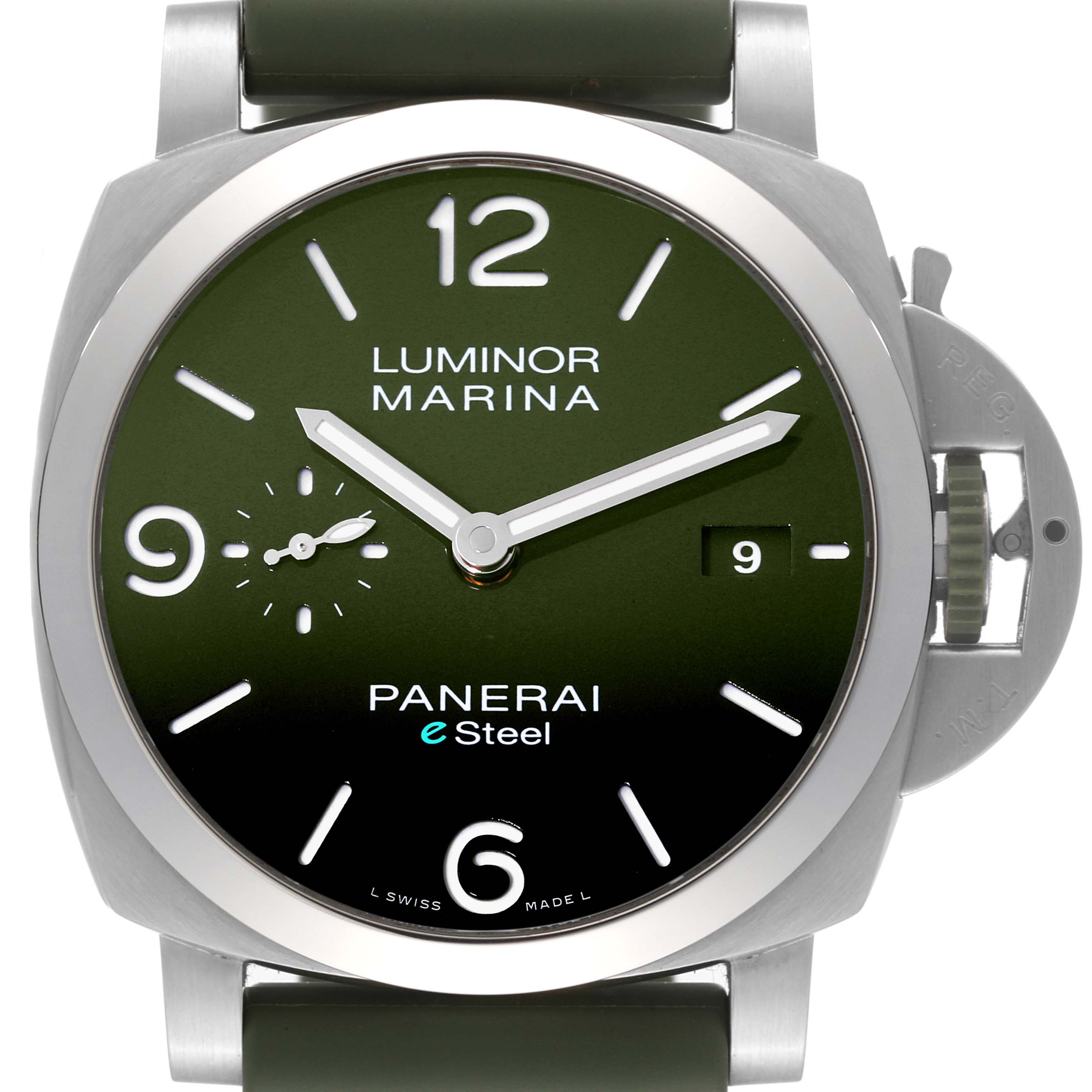 Front view of a Panerai Luminor PAM01356 Men
s Stainless Steel Green Dial PAM01356 Men
s Stainless Steel Green Dial Marina watch, displaying the dial, hands, date window, and crown guard.