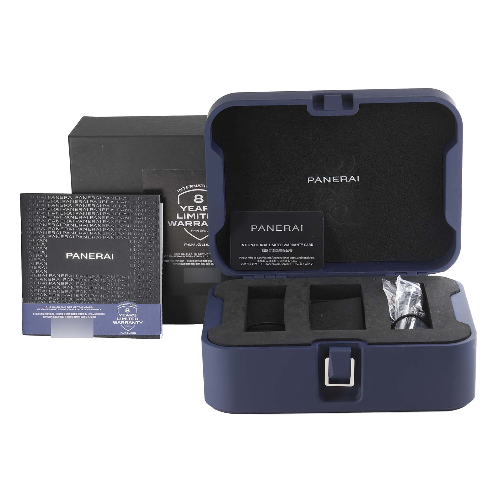 This image shows an open Panerai Luminor PAM01356 Men
s Stainless Steel Green Dial PAM01356 Men
s Stainless Steel Green Dial watch box with warranty cards and space for accessories, at a front angle.