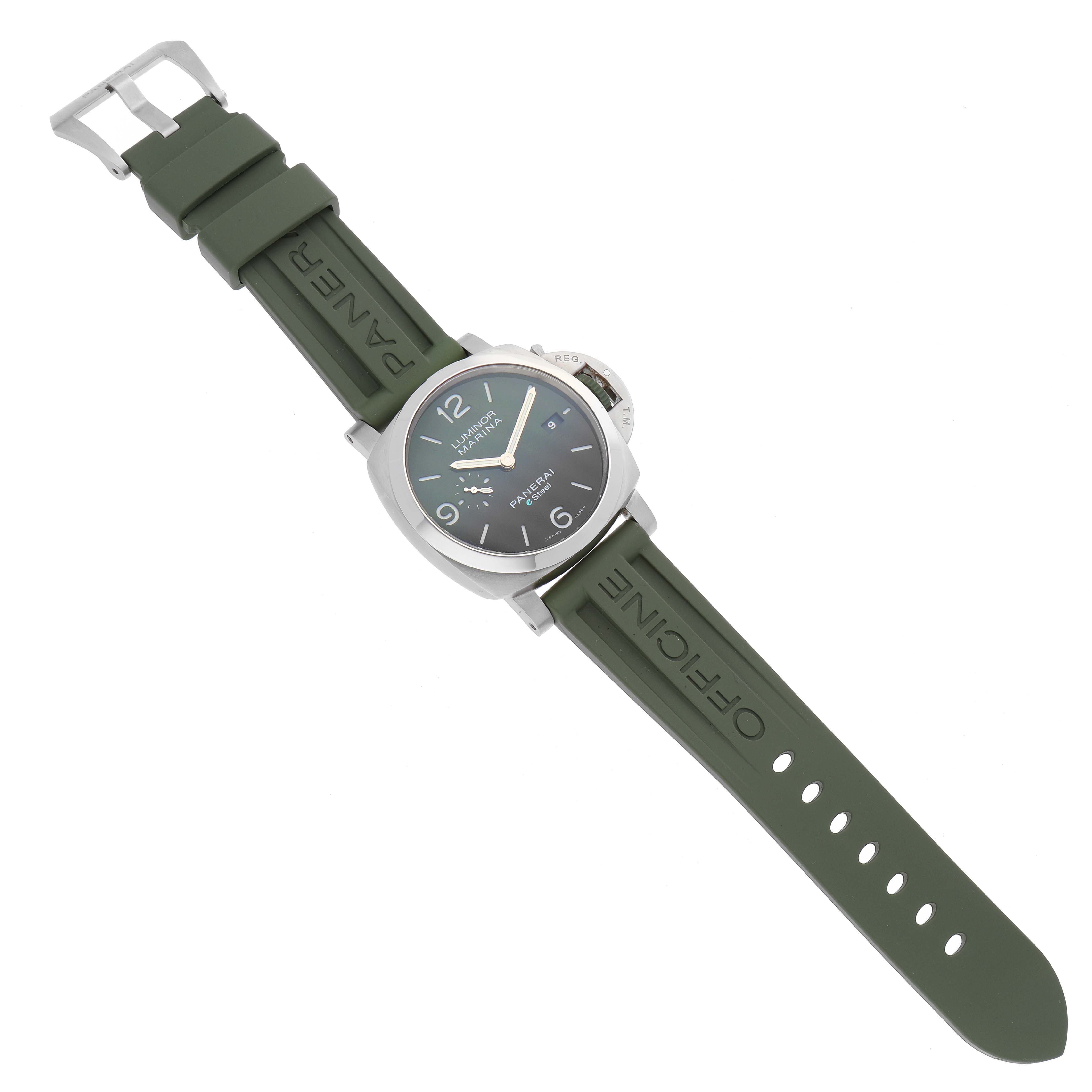 The image shows a Panerai Luminor PAM01356 Men
s Stainless Steel Green Dial PAM01356 Men
s Stainless Steel Green Dial watch with a green rubber strap and a stainless steel buckle, viewed from above.