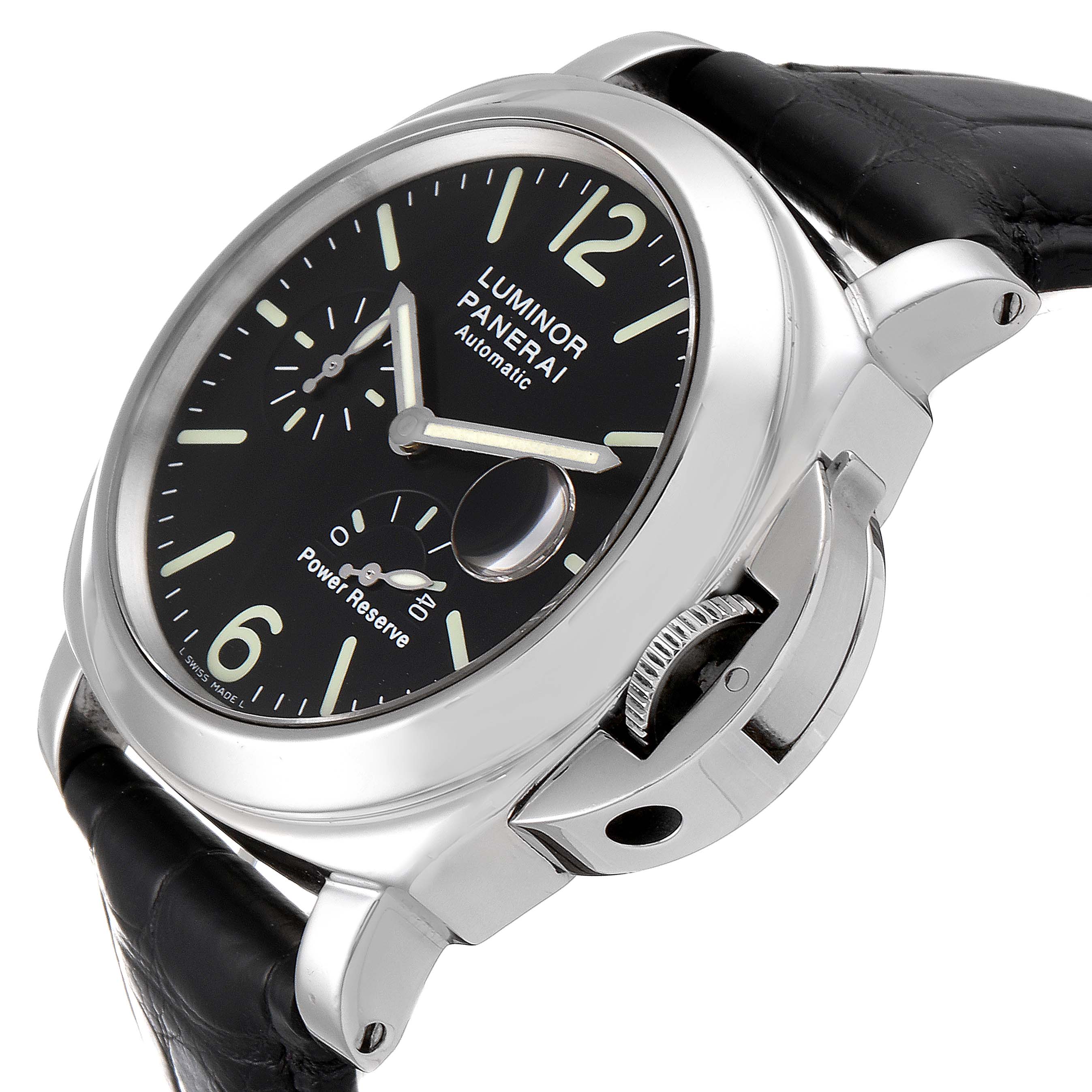 This image shows a side and front angle of the Panerai Luminor PAM00090 Men's Stainless Steel Black Dial PAM00090 Men's Stainless Steel Black Dial watch, highlighting its dial, power reserve indicator, and crown.