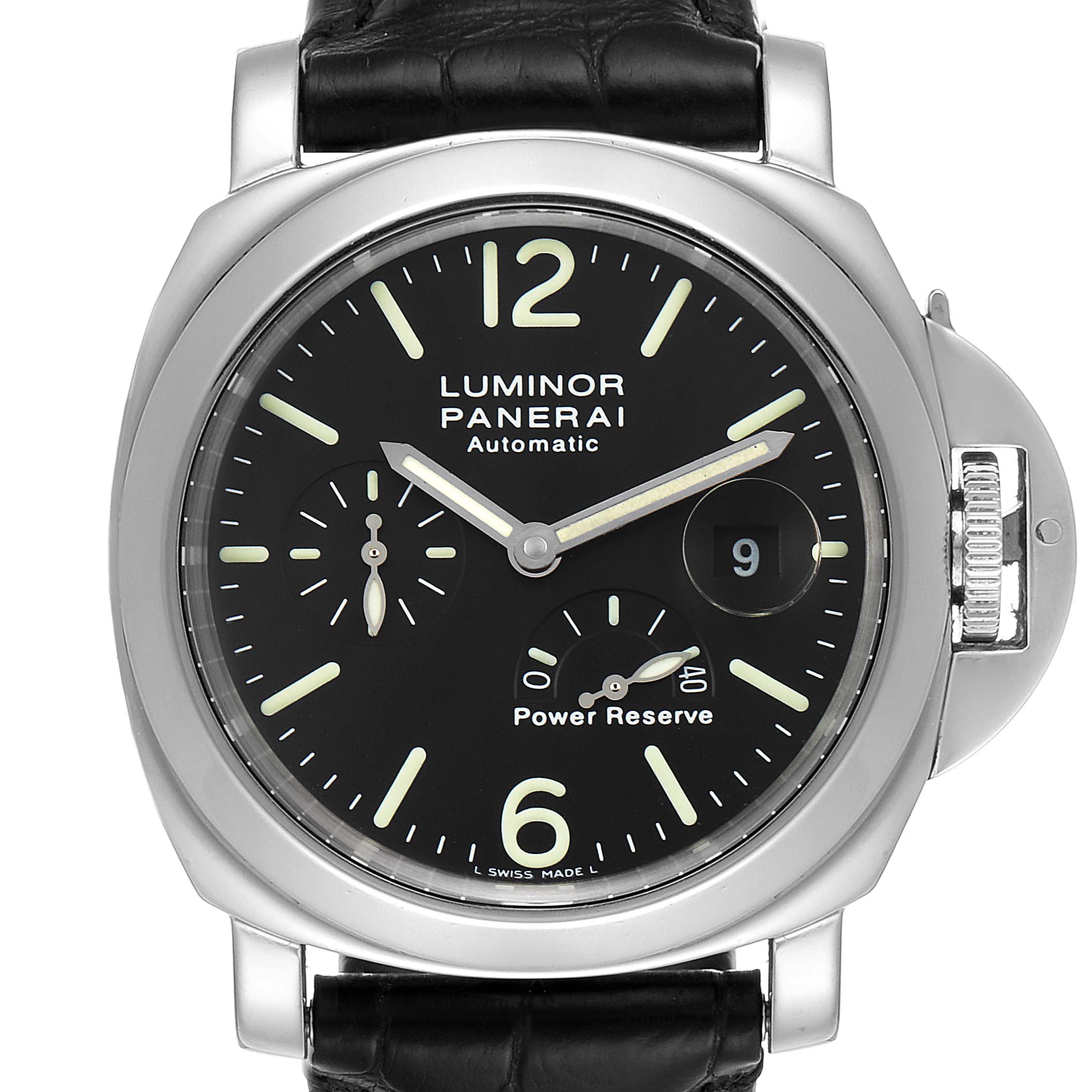 The image shows a front view of a Panerai Luminor PAM00090 Men's Stainless Steel Black Dial PAM00090 Men's Stainless Steel Black Dial watch, highlighting its dial, crown guard, and power reserve indicator.