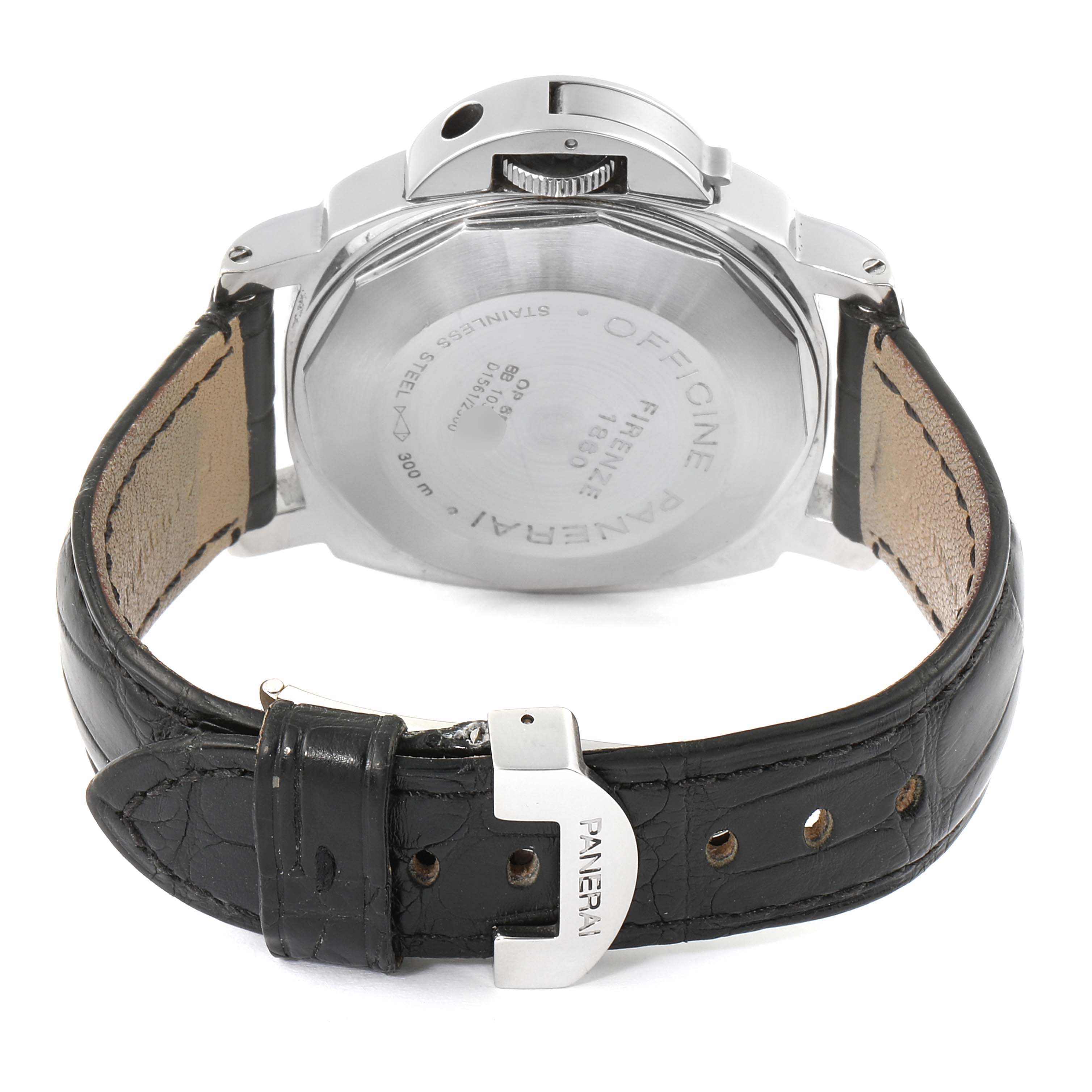 The image shows the back view of a Panerai Luminor PAM00090 Men's Stainless Steel Black Dial PAM00090 Men's Stainless Steel Black Dial watch, highlighting its case back, crown guard, and black leather strap.