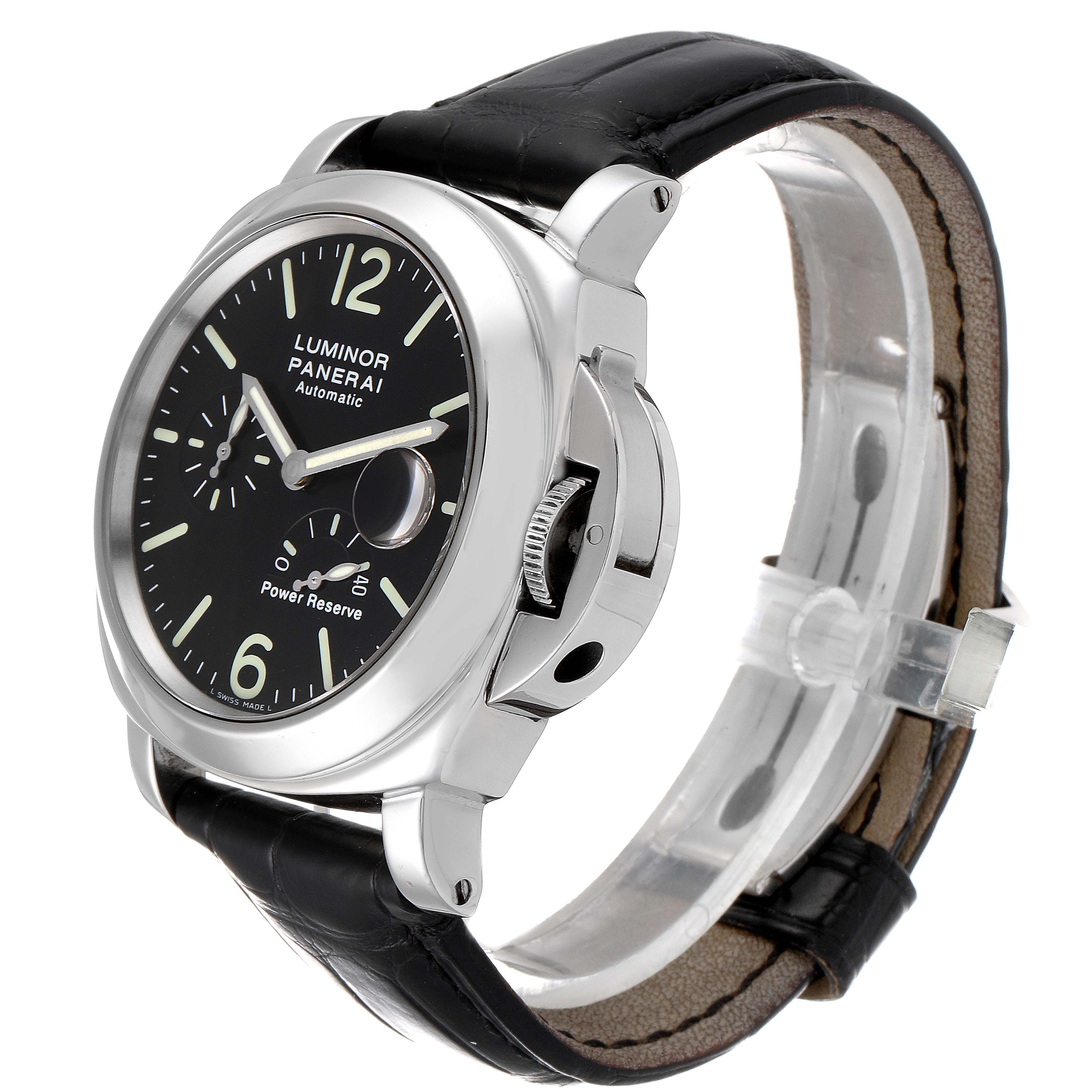 The image shows a Panerai Luminor PAM00090 Men's Stainless Steel Black Dial PAM00090 Men's Stainless Steel Black Dial watch from an angled side view, highlighting the dial, case, crown guard, and black leather strap.