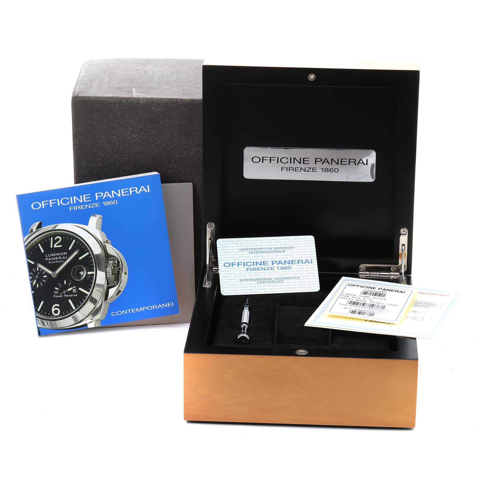 The image shows the packaging, booklets, warranty card, and case components for the Panerai Luminor PAM00090 Men's Stainless Steel Black Dial PAM00090 Men's Stainless Steel Black Dial model watch.