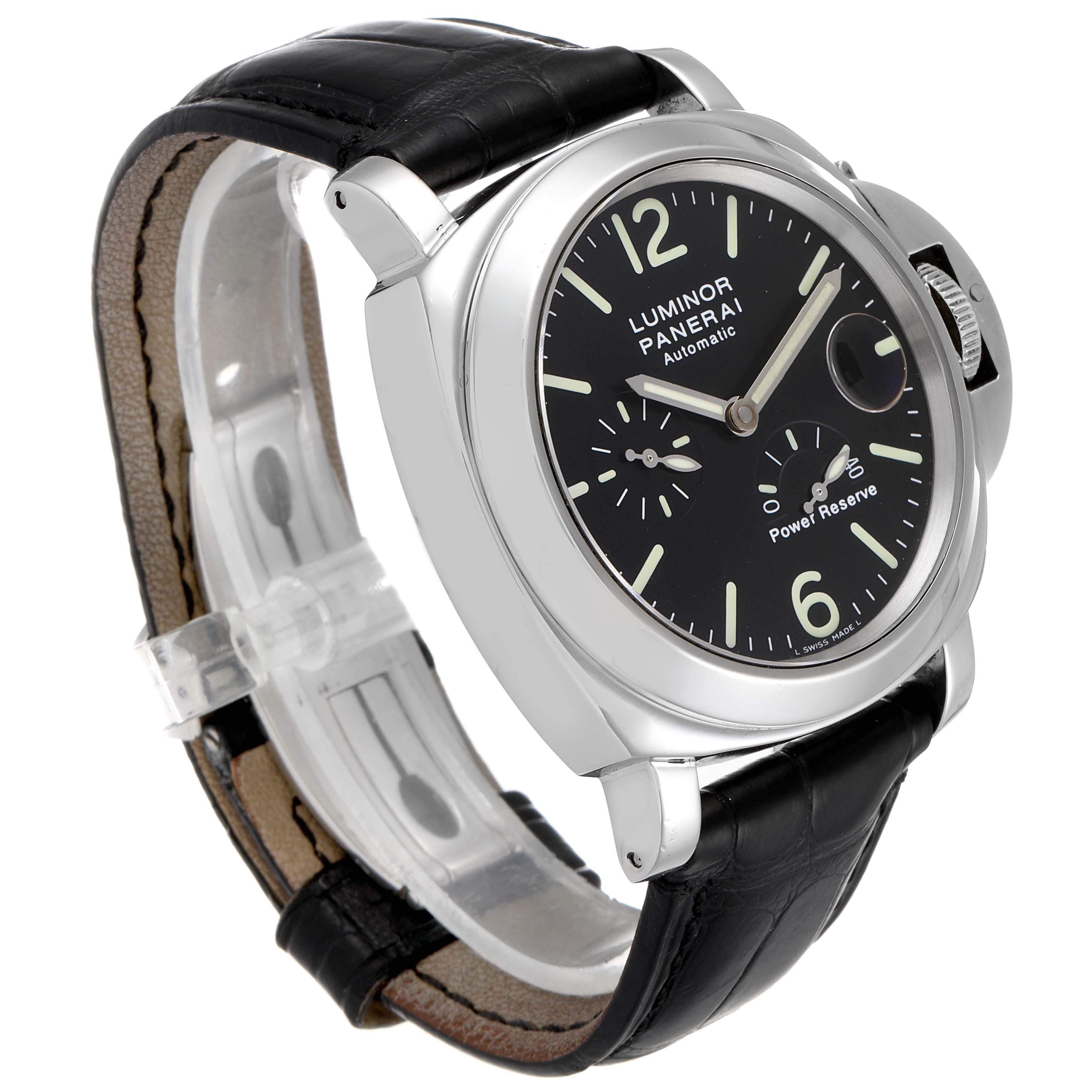 The image shows a Panerai Luminor PAM00090 Men's Stainless Steel Black Dial PAM00090 Men's Stainless Steel Black Dial watch at a three-quarter angle, displaying the dial, case, crown, and leather strap.