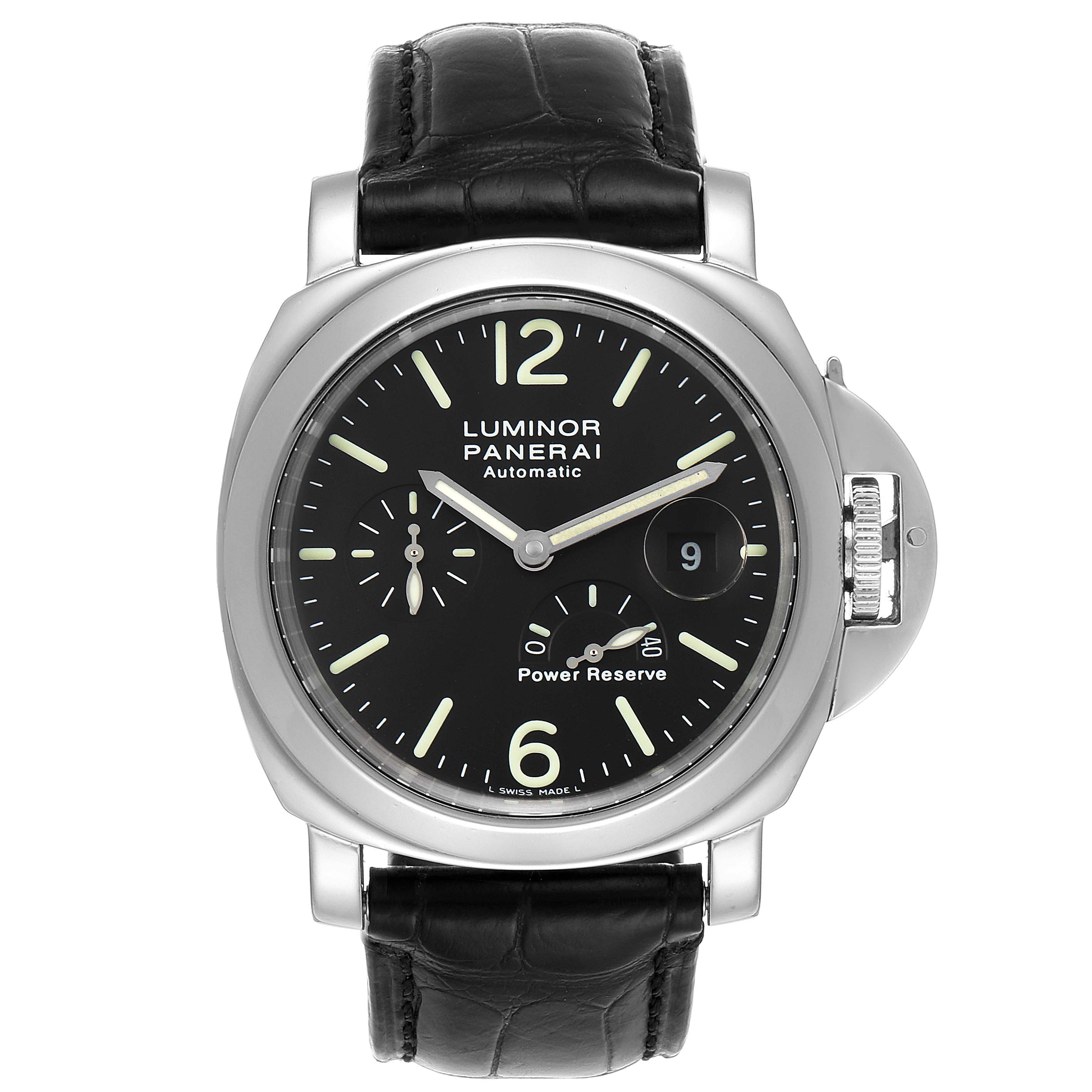 This is a front view of a Panerai Luminor PAM00090 Men's Stainless Steel Black Dial PAM00090 Men's Stainless Steel Black Dial model watch displaying its black dial, markings, power reserve indicator, and leather strap.