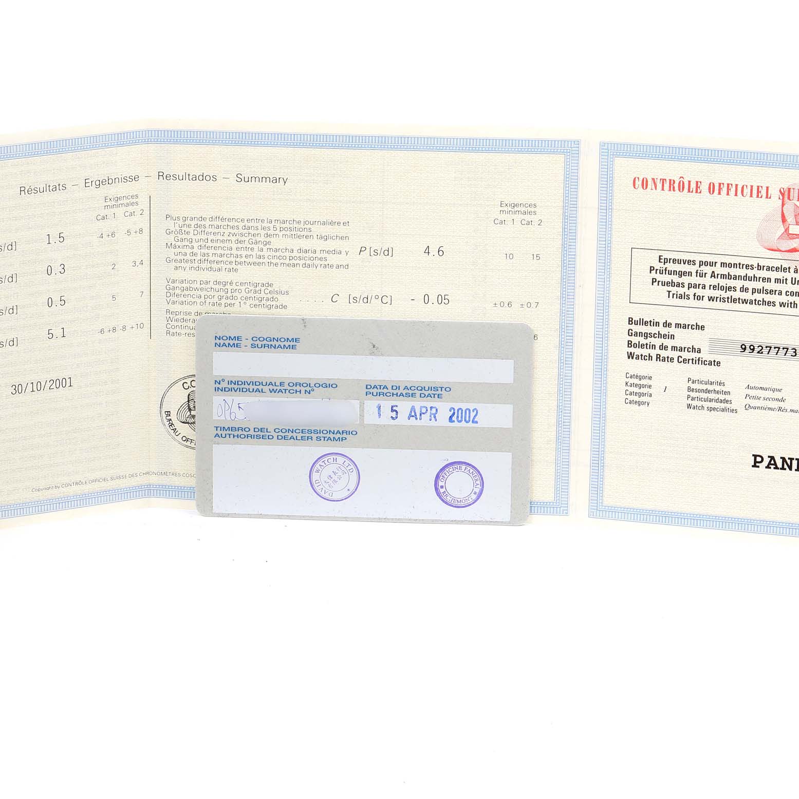 The image shows the warranty and certification papers for a Panerai Luminor PAM00090 Men's Stainless Steel Black Dial PAM00090 Men's Stainless Steel Black Dial watch, dated 15 APR 2002.