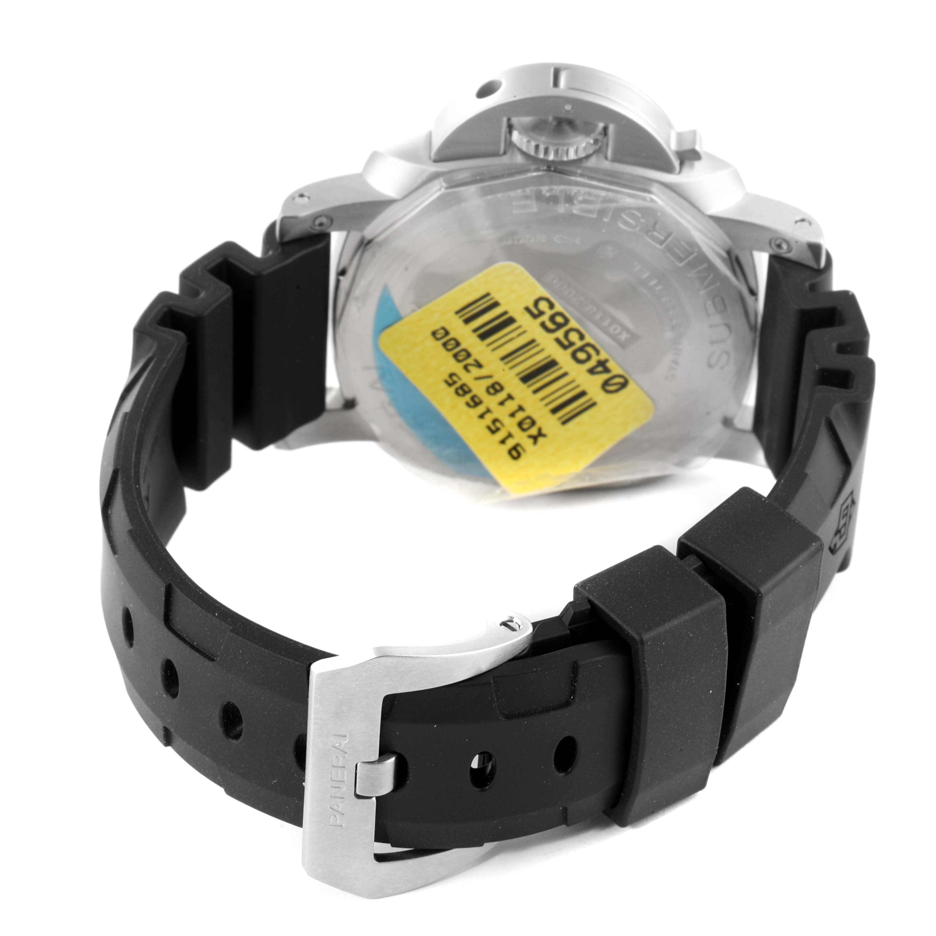 The image shows the back of the Panerai Submersible PAM00683 Men
s Stainless Steel Black Dial PAM00683 Men
s Stainless Steel Black Dial watch, including the case back and black rubber strap with a Panerai buckle.