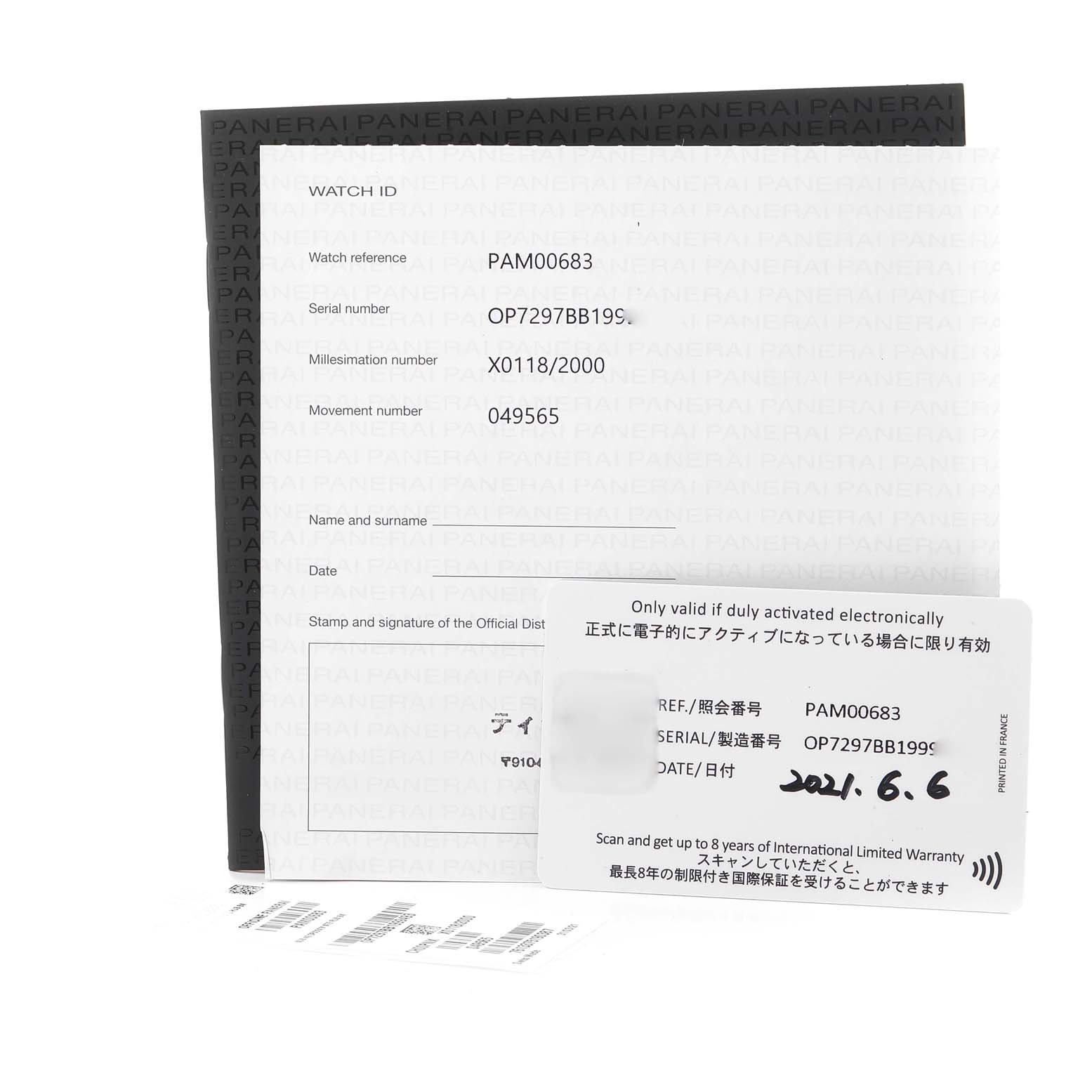 The image displays warranty documents and identification cards for a Panerai Submersible PAM00683 Men
s Stainless Steel Black Dial PAM00683 Men
s Stainless Steel Black Dial model PAM00683.