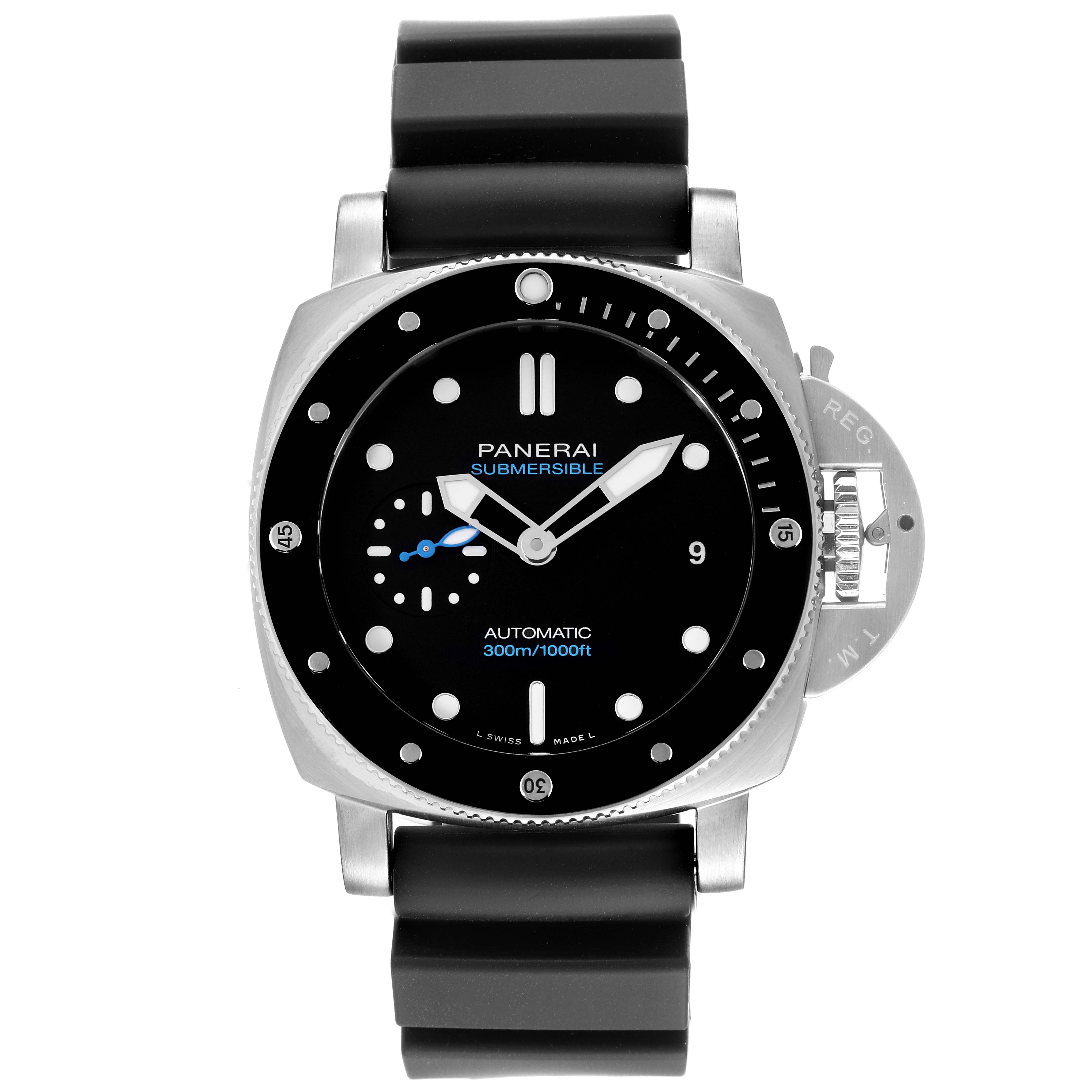 The image shows a frontal view of a Panerai Submersible PAM00683 Men
s Stainless Steel Black Dial PAM00683 Men
s Stainless Steel Black Dial watch, displaying its dial, bezel, and strap.