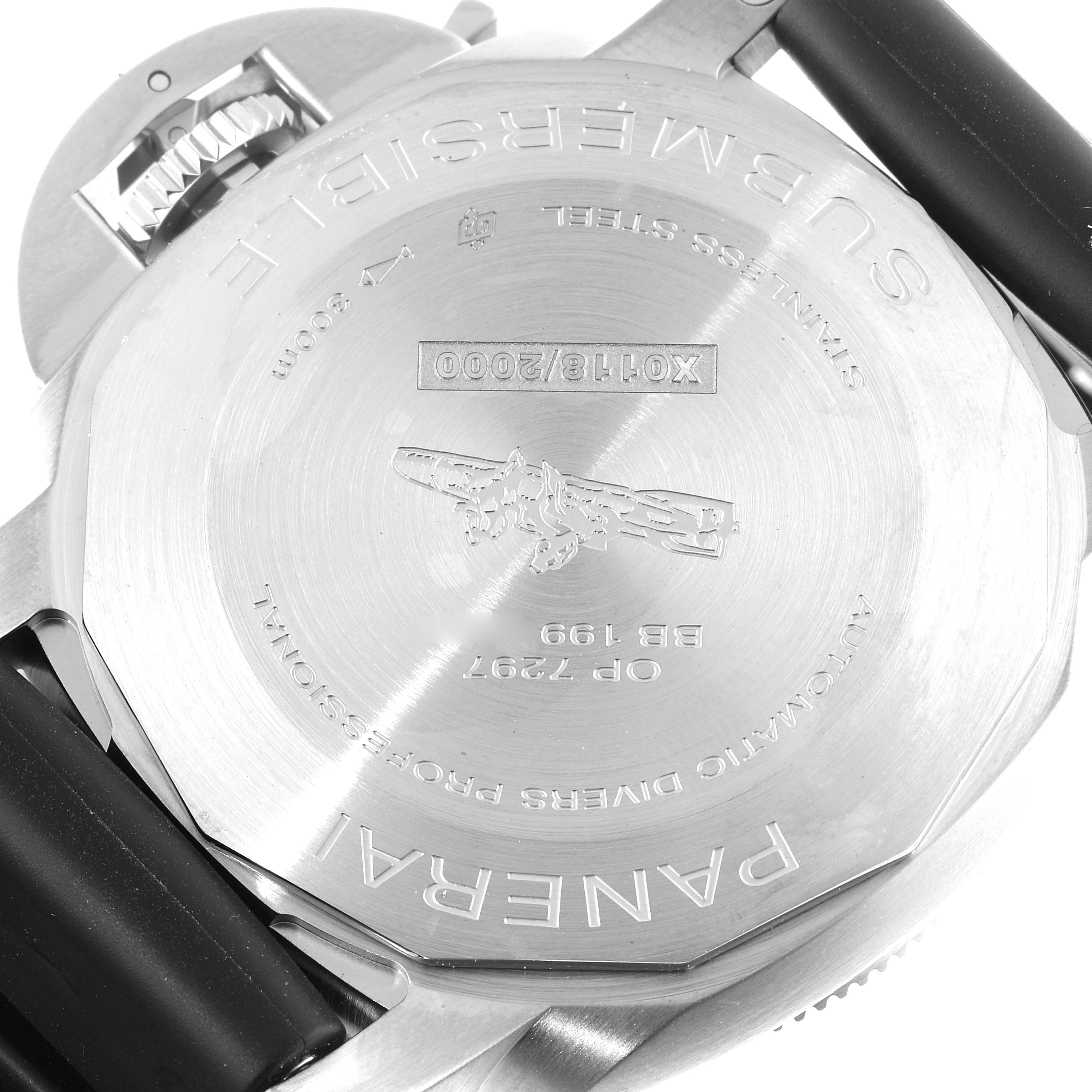 This image shows the back case and strap of a Panerai Submersible PAM00683 Men
s Stainless Steel Black Dial PAM00683 Men
s Stainless Steel Black Dial watch, highlighting the inscriptions and engravings on the case back.