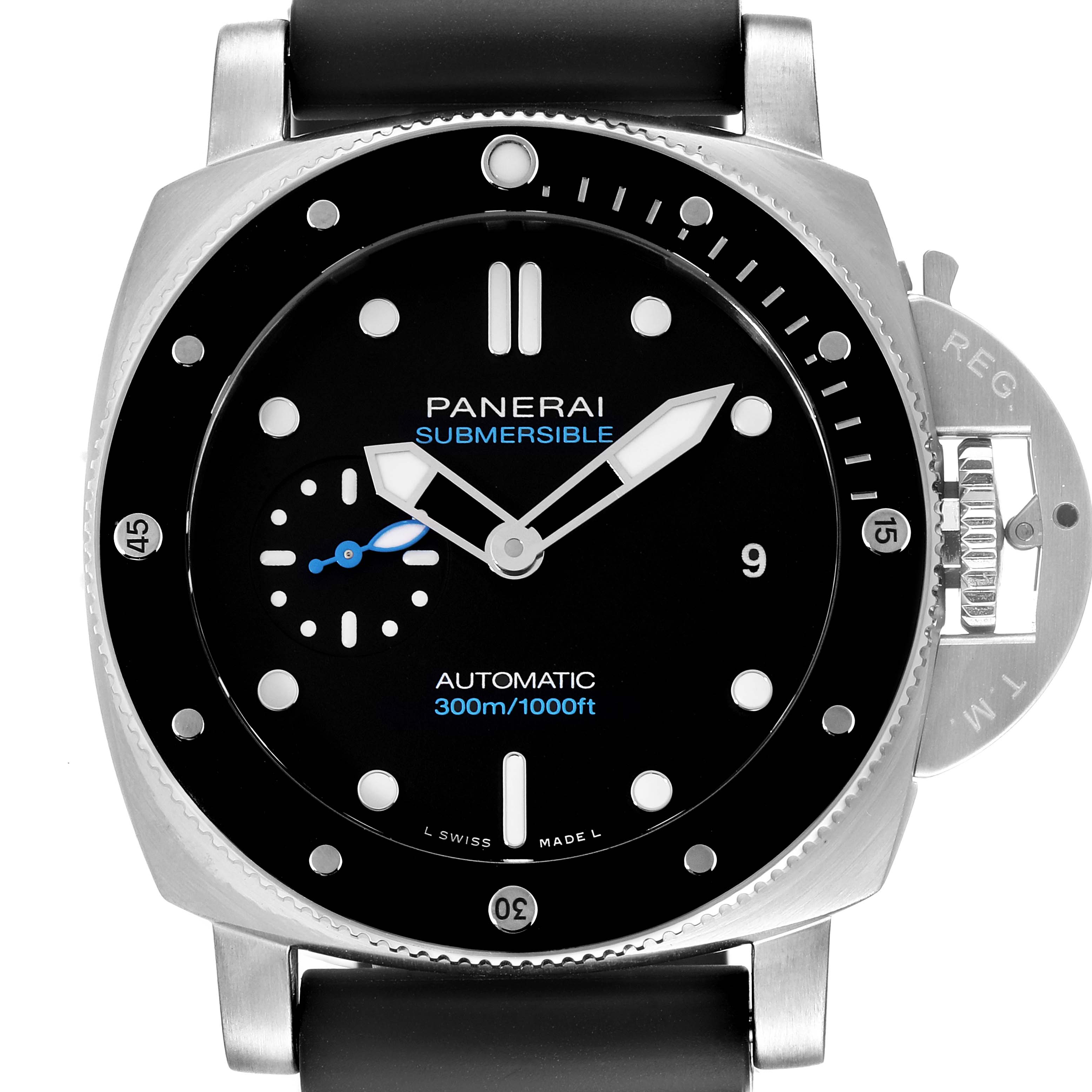 The Panerai Submersible PAM00683 Men
s Stainless Steel Black Dial PAM00683 Men
s Stainless Steel Black Dial watch is shown from a front angle, displaying its dial, bezel, and part of the strap.