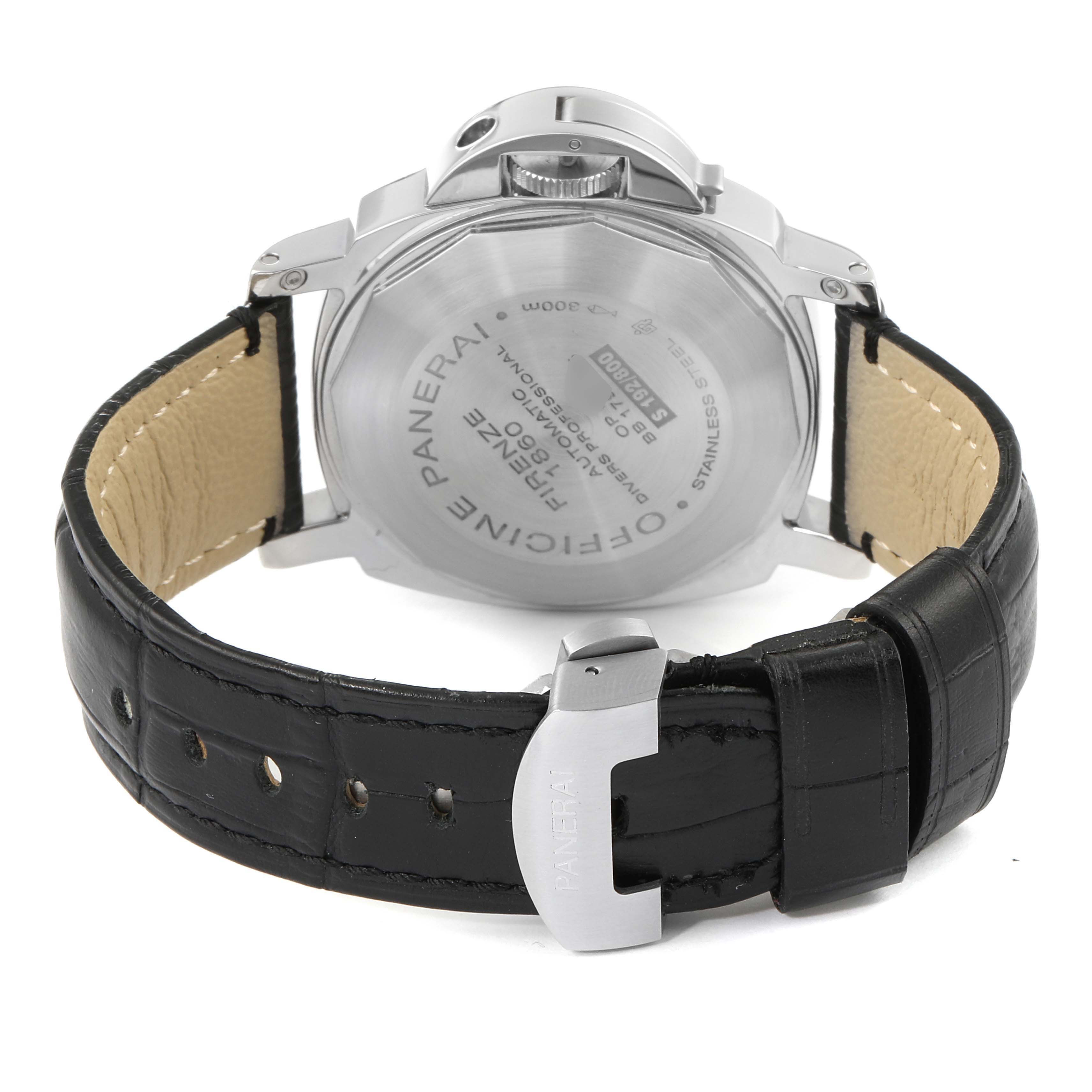 The image shows the back view of a Panerai Submersible PAM00024 Men's Stainless Steel Black Dial PAM00024 Men's Stainless Steel Black Dial model watch, highlighting the case back and black leather strap with a buckle.