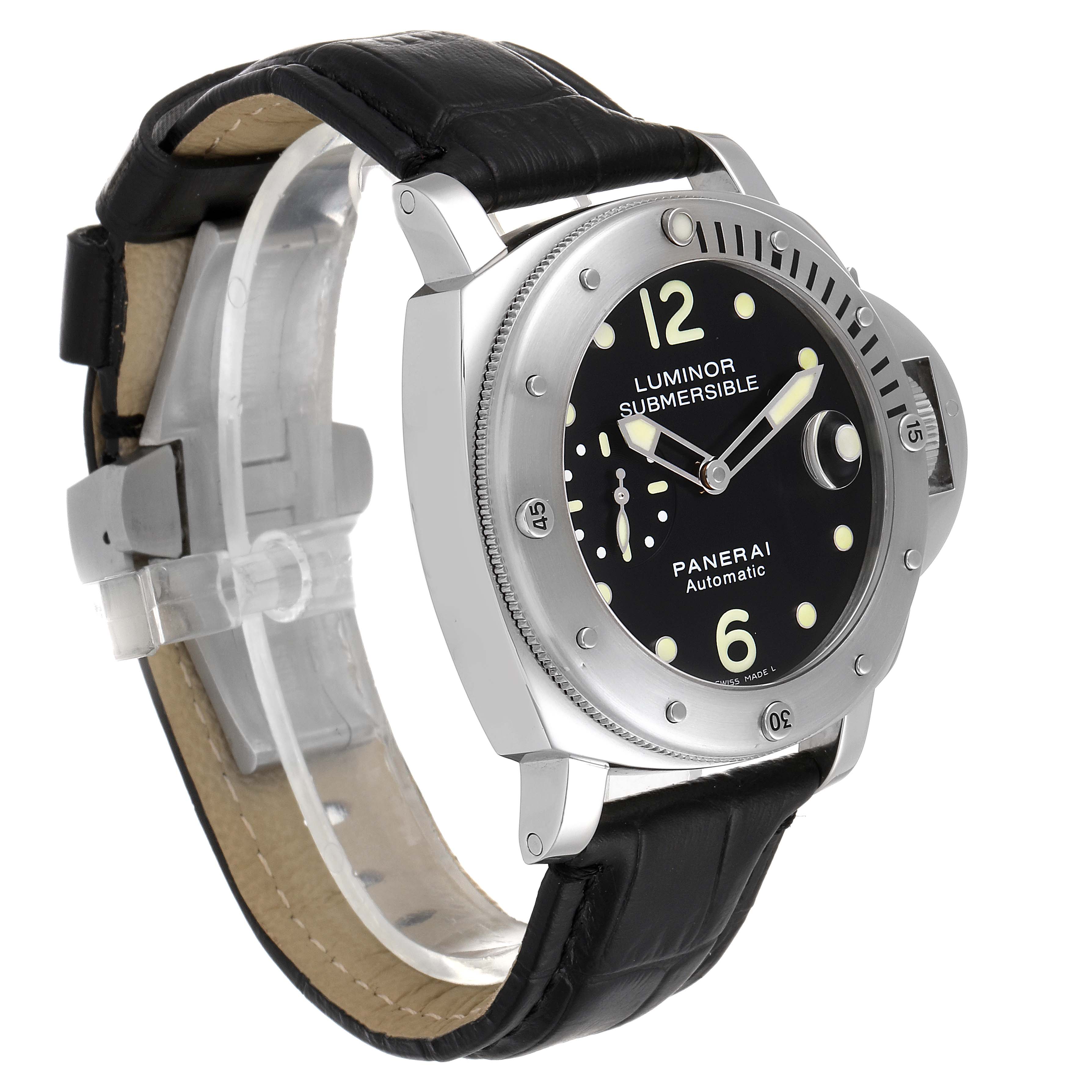 The Panerai Submersible PAM00024 Men's Stainless Steel Black Dial PAM00024 Men's Stainless Steel Black Dial watch is shown at an angled front view, highlighting its dial, bezel, and strap.