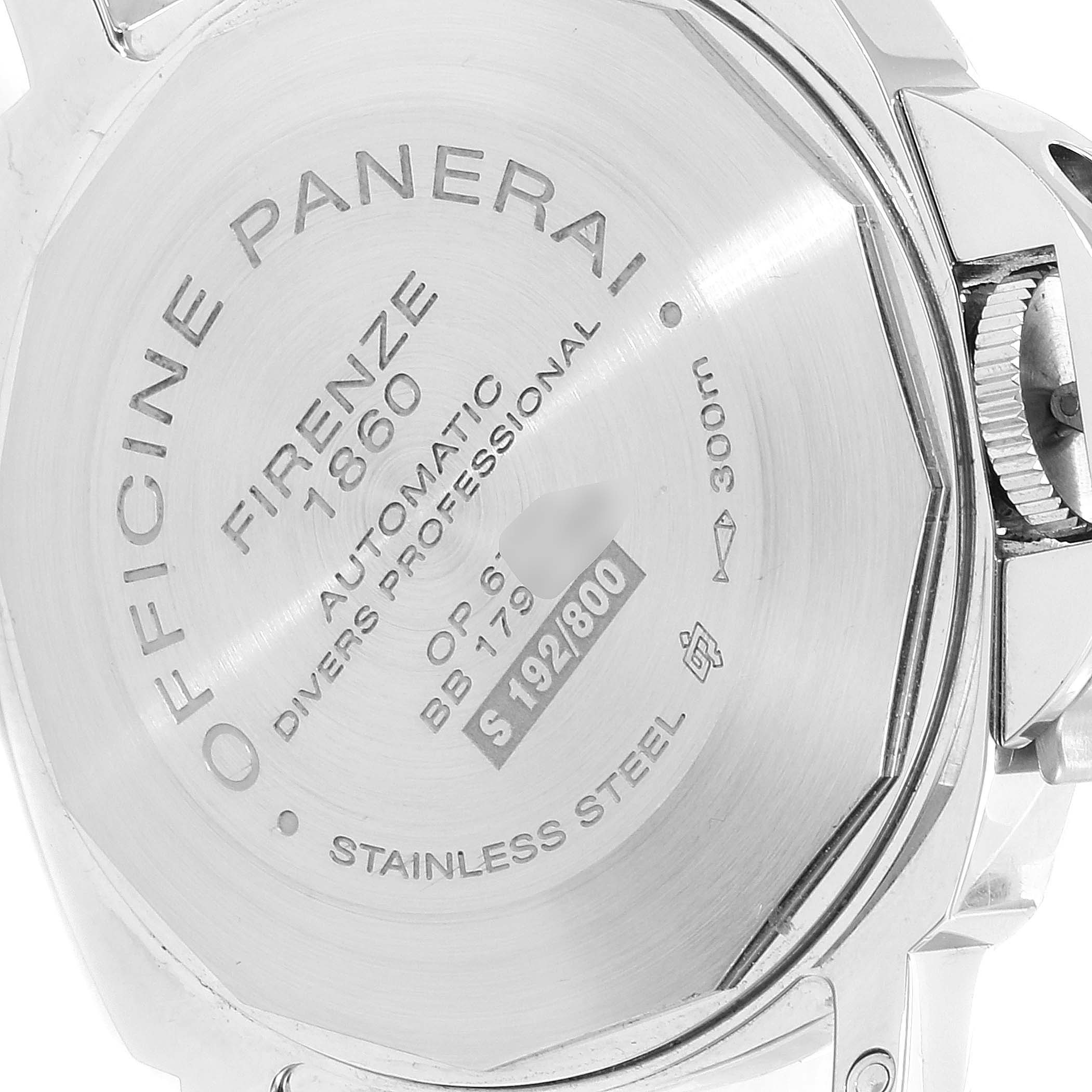 The image shows the back case of the Panerai Submersible PAM00024 Men's Stainless Steel Black Dial PAM00024 Men's Stainless Steel Black Dial watch, displaying model details and serial numbers.