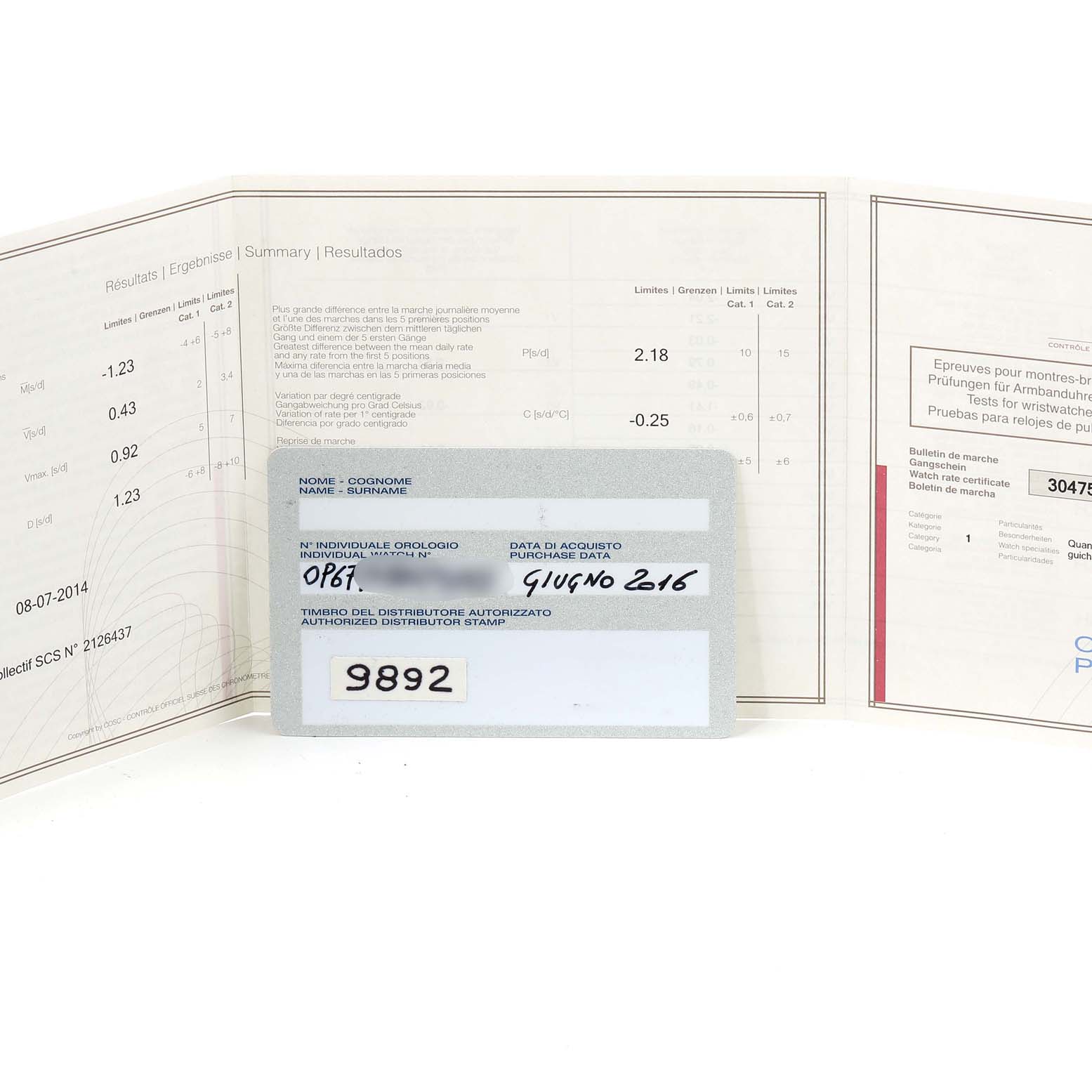 This image shows the warranty and certification paperwork for a Panerai Submersible PAM00024 Men's Stainless Steel Black Dial PAM00024 Men's Stainless Steel Black Dial watch.