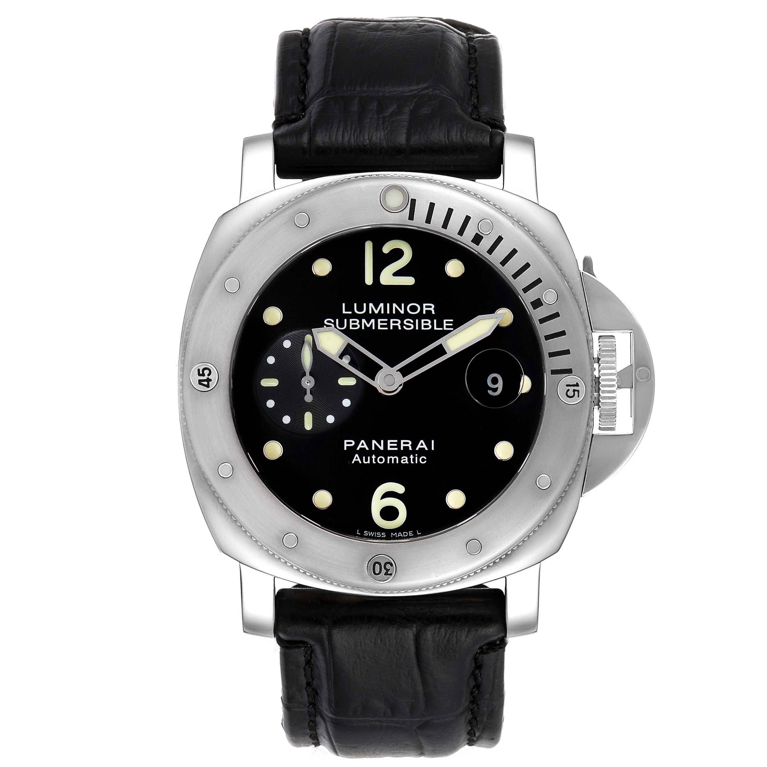 The Panerai Submersible PAM00024 Men's Stainless Steel Black Dial PAM00024 Men's Stainless Steel Black Dial watch is shown from a front angle, featuring a black dial, luminous markers, and a black leather strap.