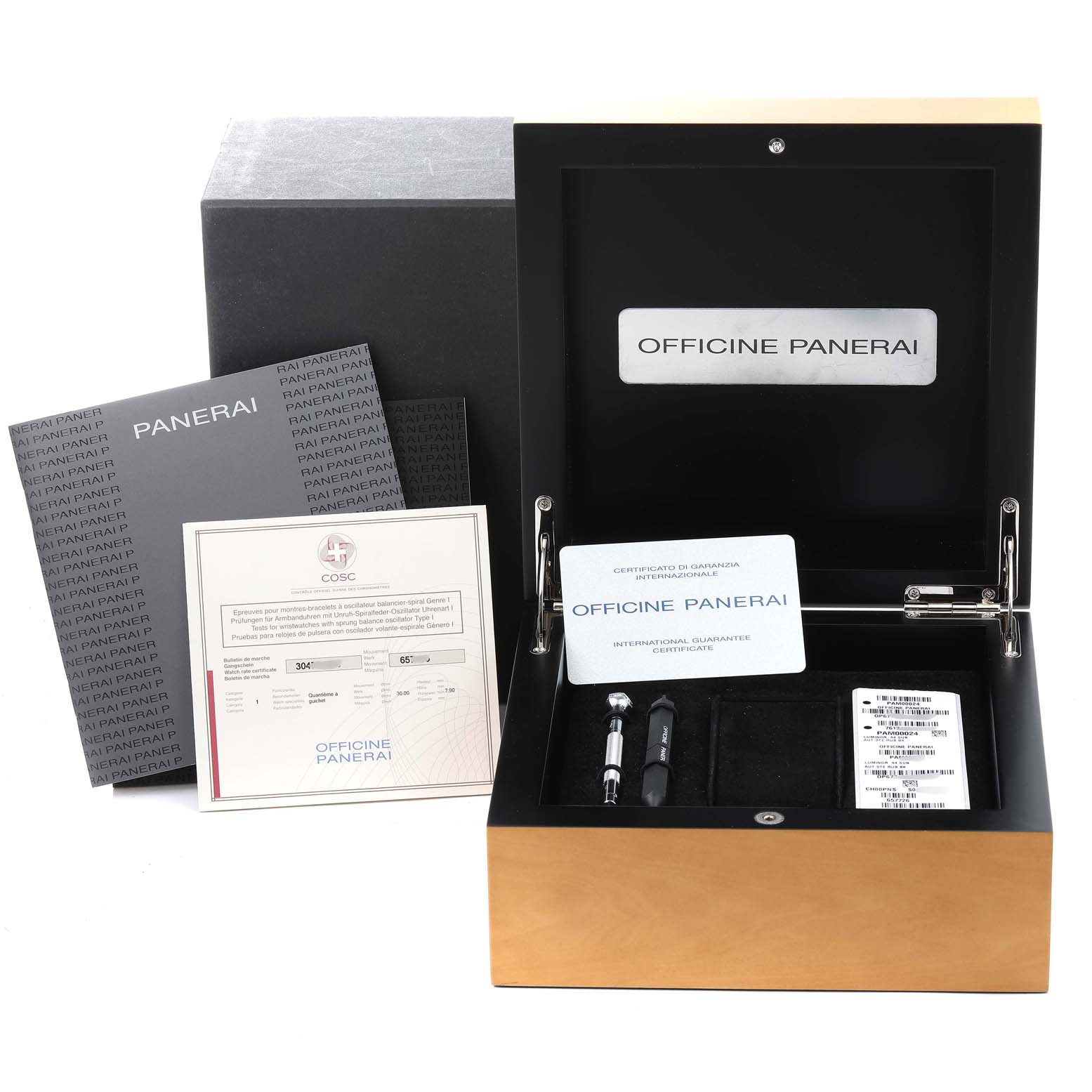 The image shows the packaging and accessories for a Panerai Submersible PAM00024 Men's Stainless Steel Black Dial PAM00024 Men's Stainless Steel Black Dial watch, including certificates, booklets, and tools, viewed from the front.