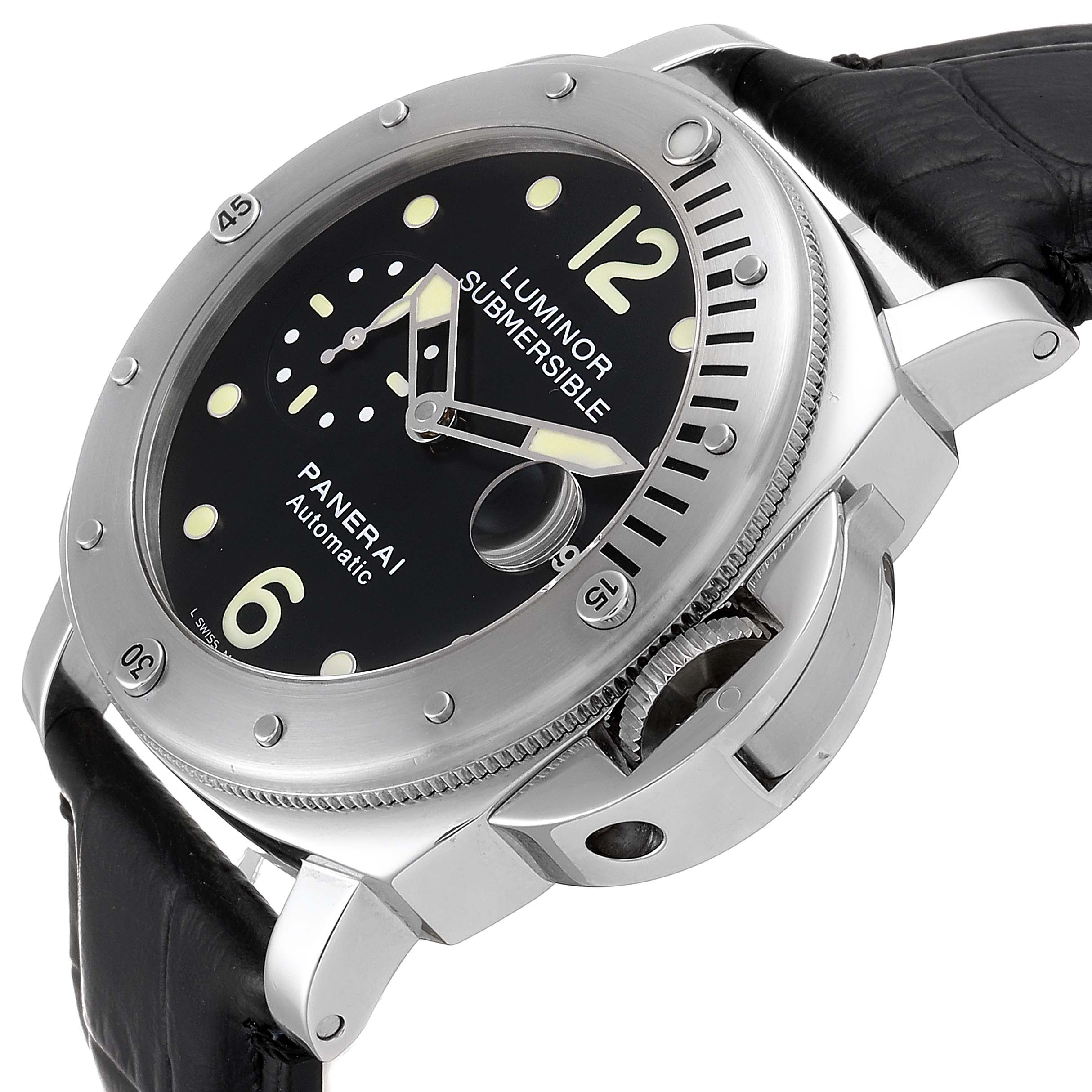 The image shows a Panerai Luminor Submersible watch at a three-quarter angle highlighting the dial, bezel, crown guard, and strap attachment.