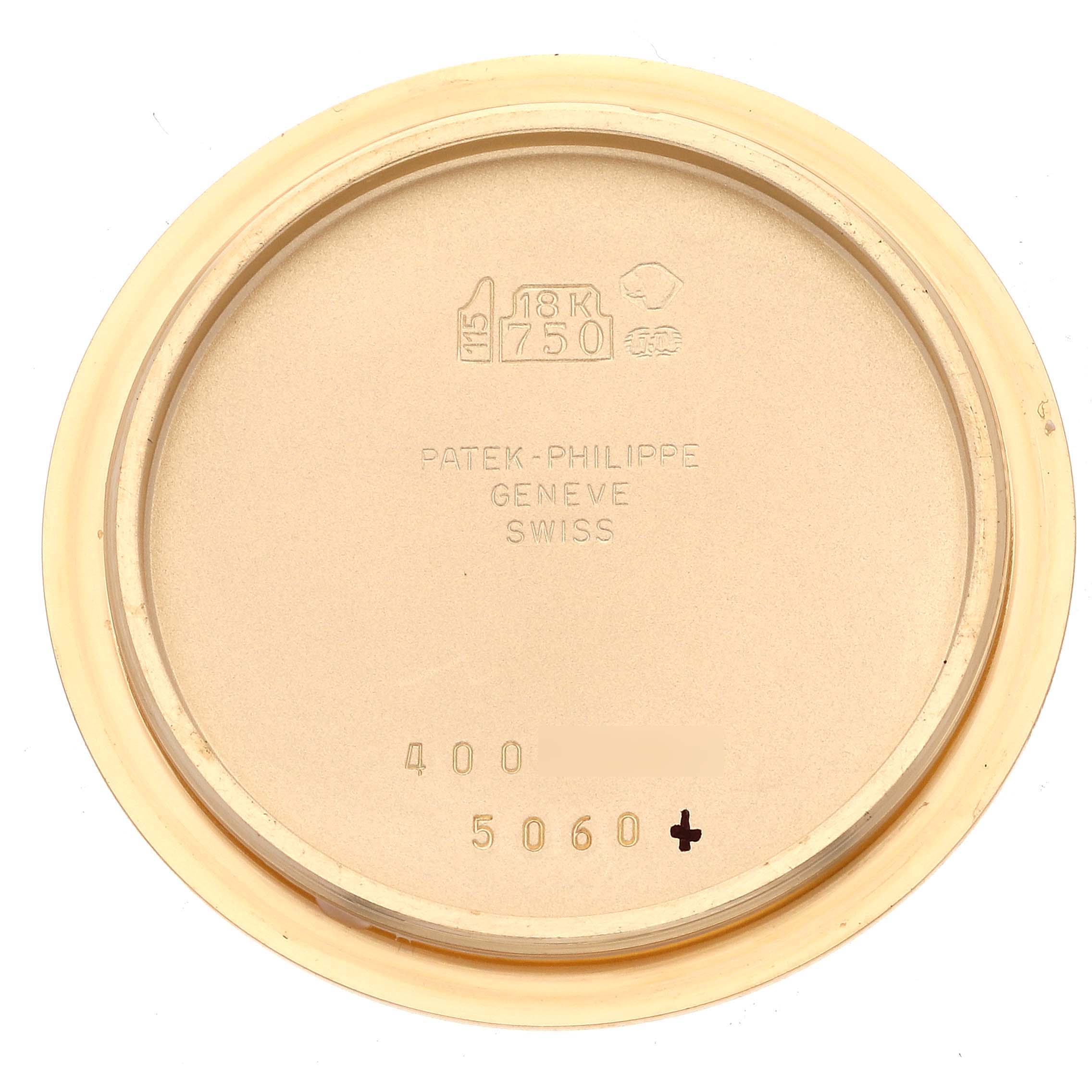 This is the interior case back of a Patek Philippe Aquanaut 5060J Men's Yellow Gold Black Dial 5060J Men's Yellow Gold Black Dial watch, showing model and material details.