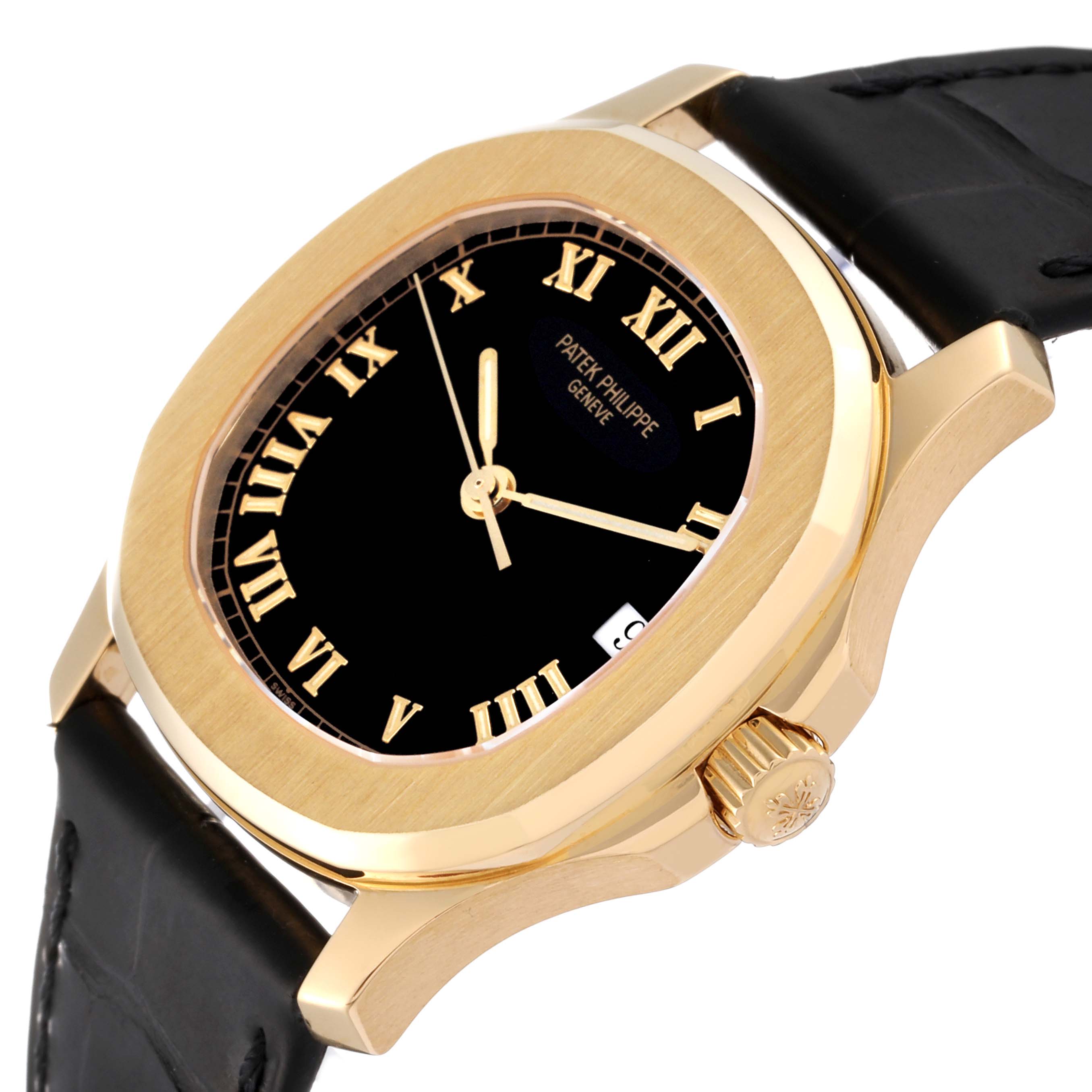 The Patek Philippe Aquanaut 5060J Men's Yellow Gold Black Dial 5060J Men's Yellow Gold Black Dial watch is shown at an angled view, highlighting the dial, crown, and part of the strap.